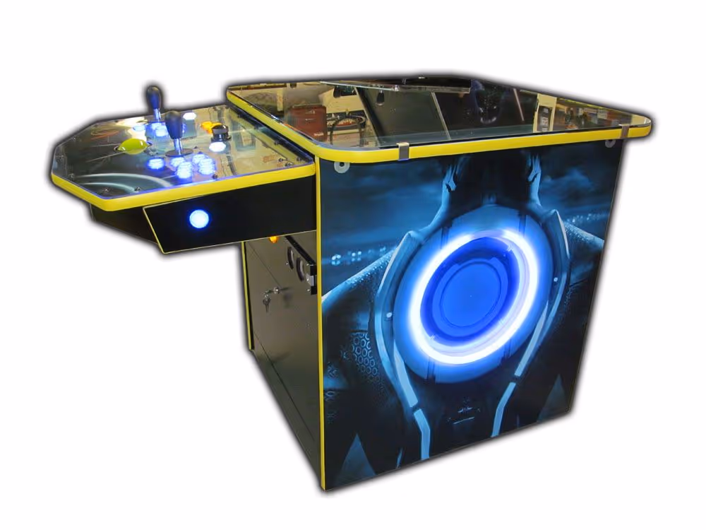 2-Person Cocktail Table with lighted buttons, spinner, standard joysticks, flipper buttons, neon kick plate