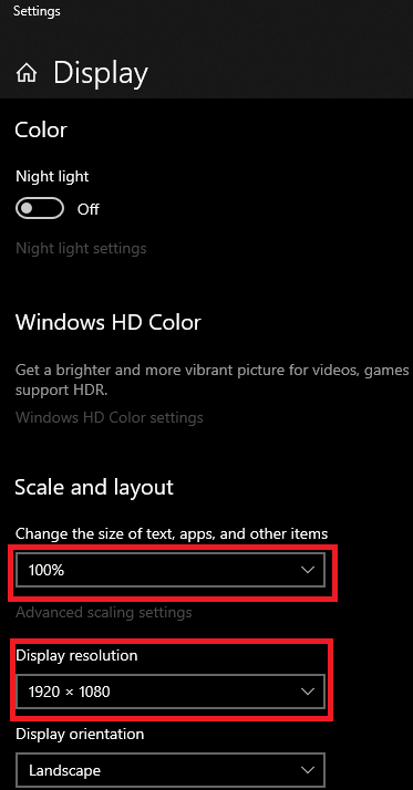 Display Settings Screenshot