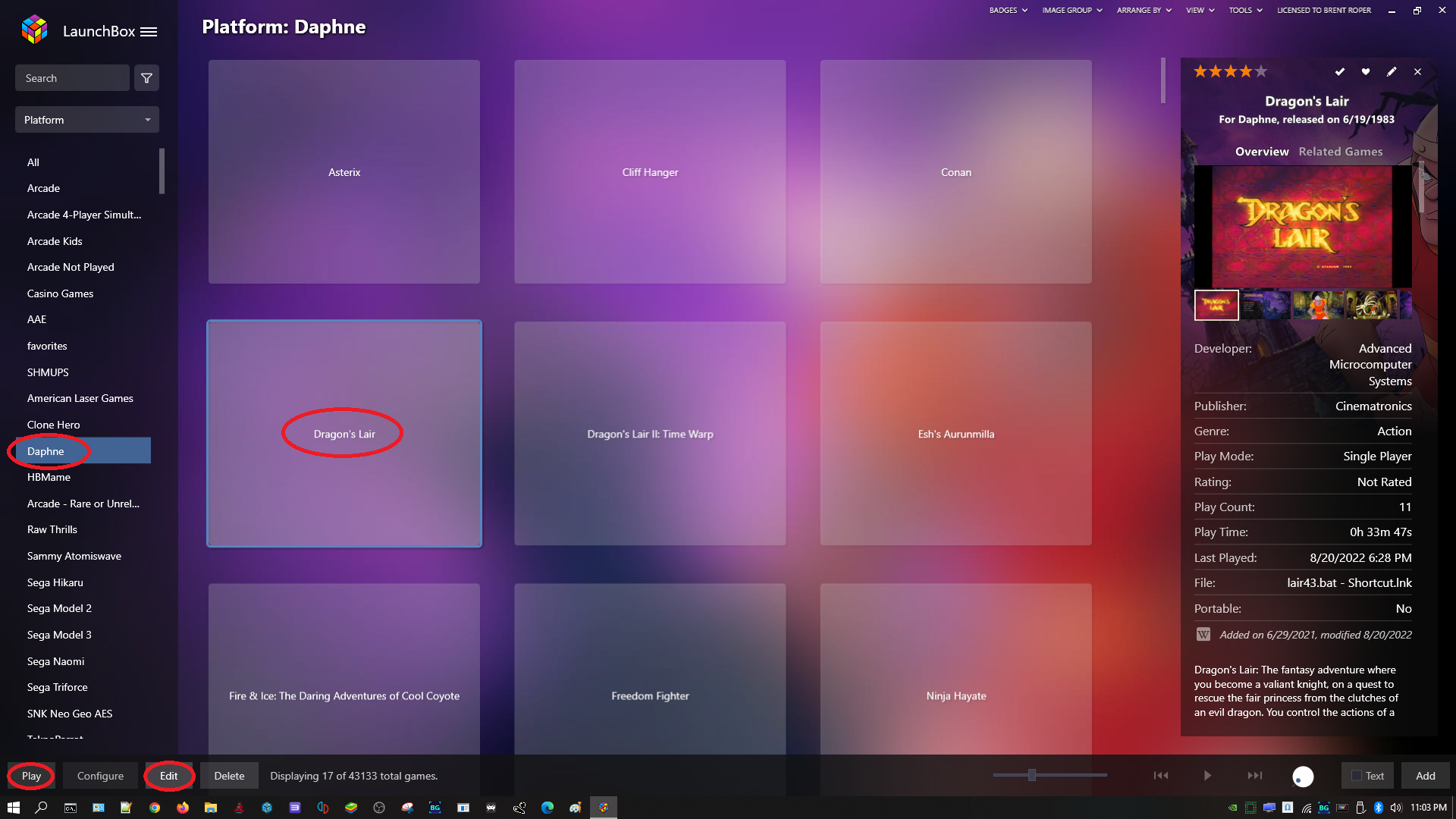 LaunchBox Dragon's Lair Settings