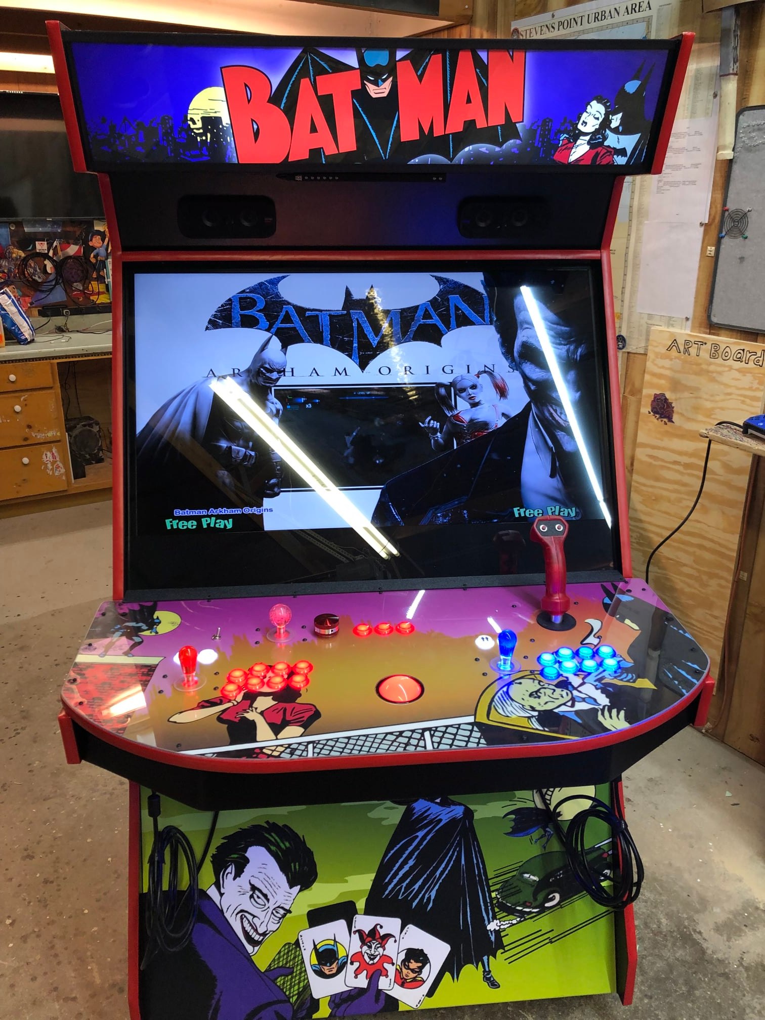 2-Player Megacade with RGB buttons, joysticks, trackball, red Tron stick, spinner, passive marquee