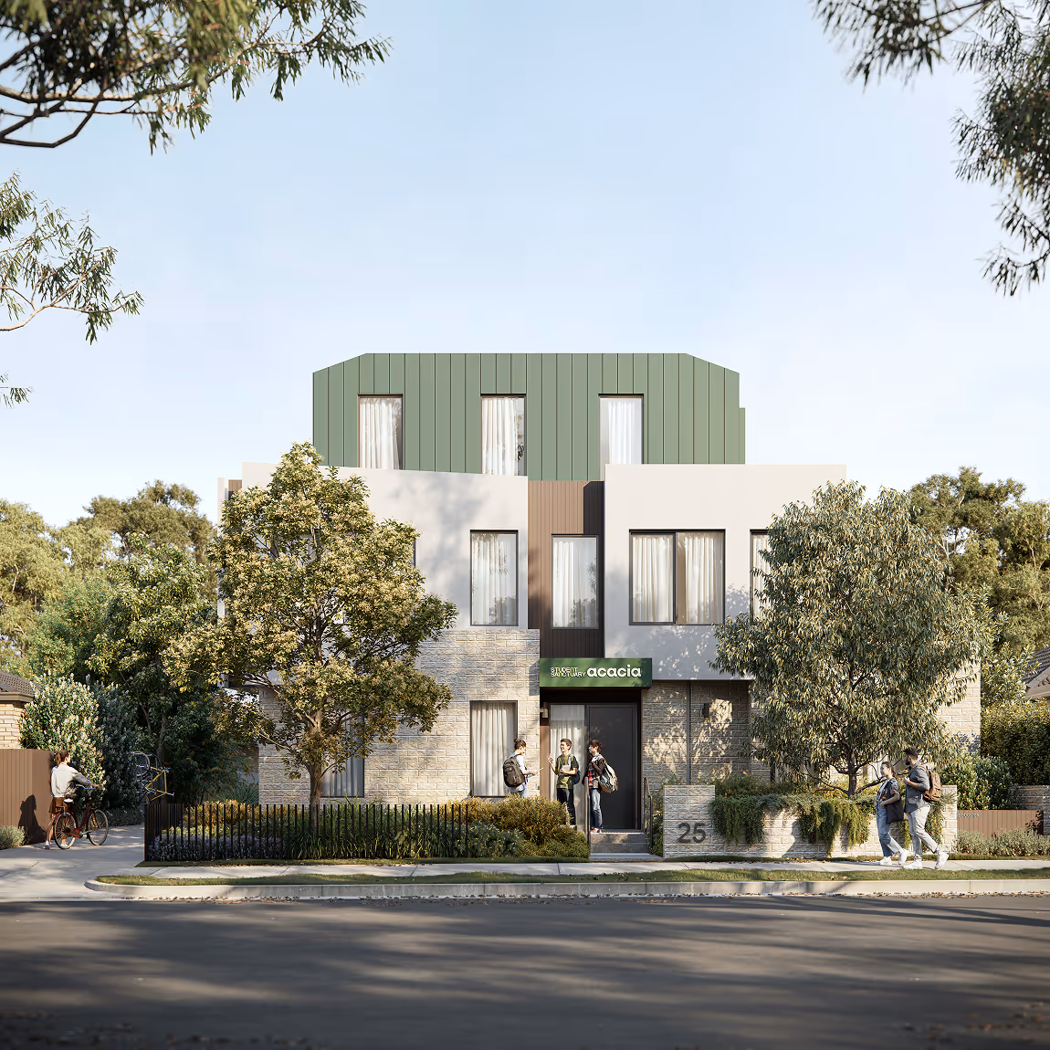 Modern two-story student housing building named Acacia with green roof, surrounded by trees and people walking and biking nearby.