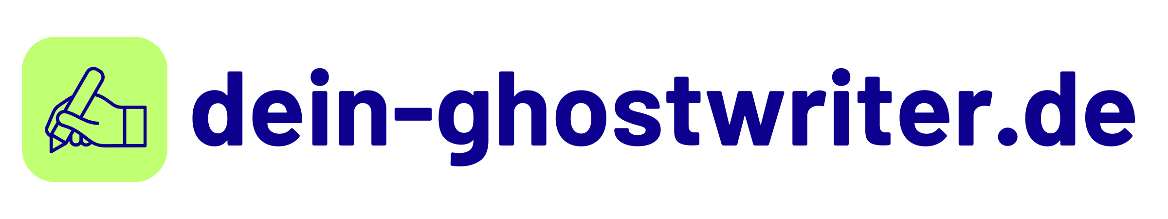 Logo featuring a hand holding a pencil inside a rounded green square next to the text dein-ghostwriter.de in dark blue.
