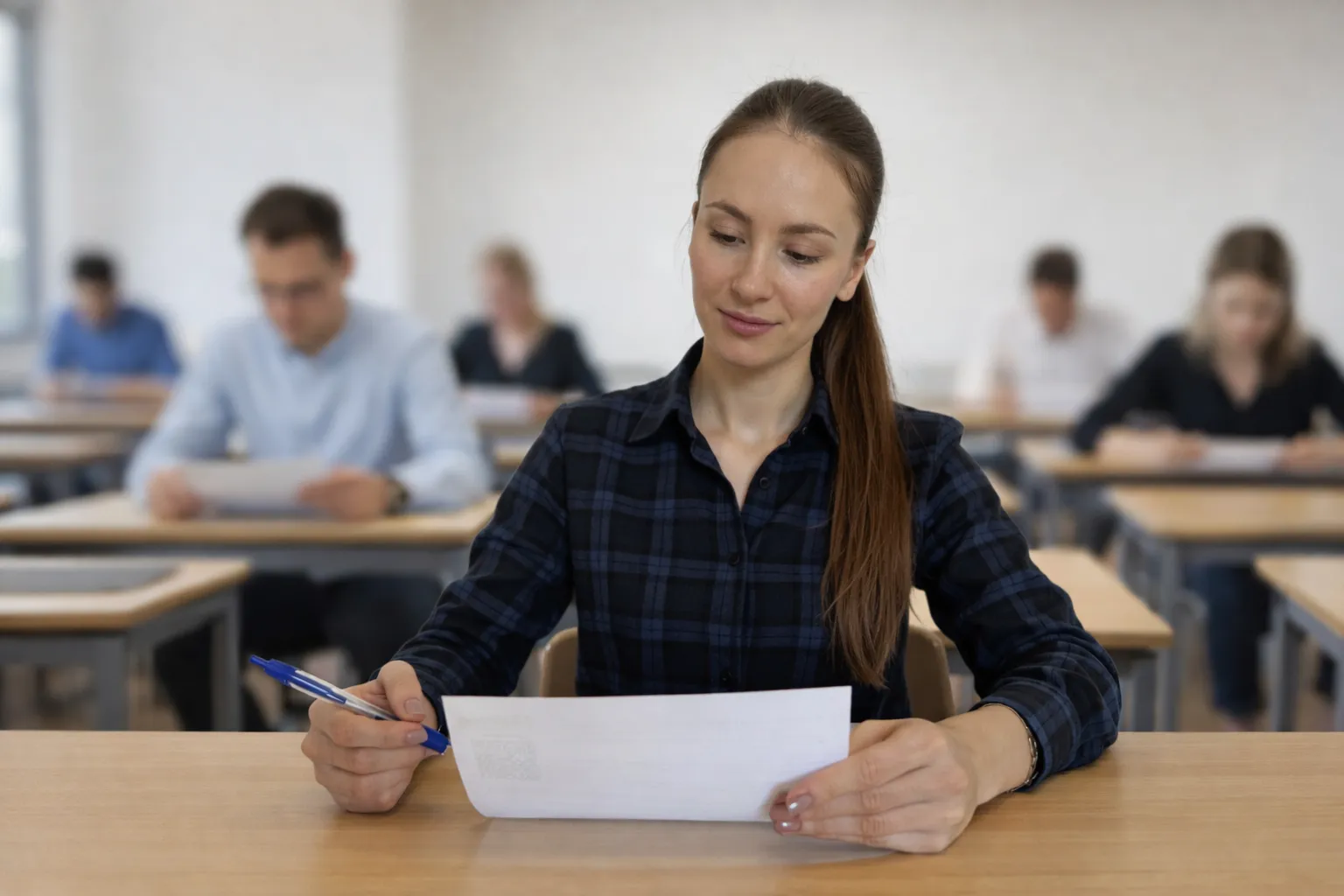 Eine Frau in einem karierten Hemd sitzt in einem Klassenraum und liest ein Papier, umgeben von weiteren Studierenden.