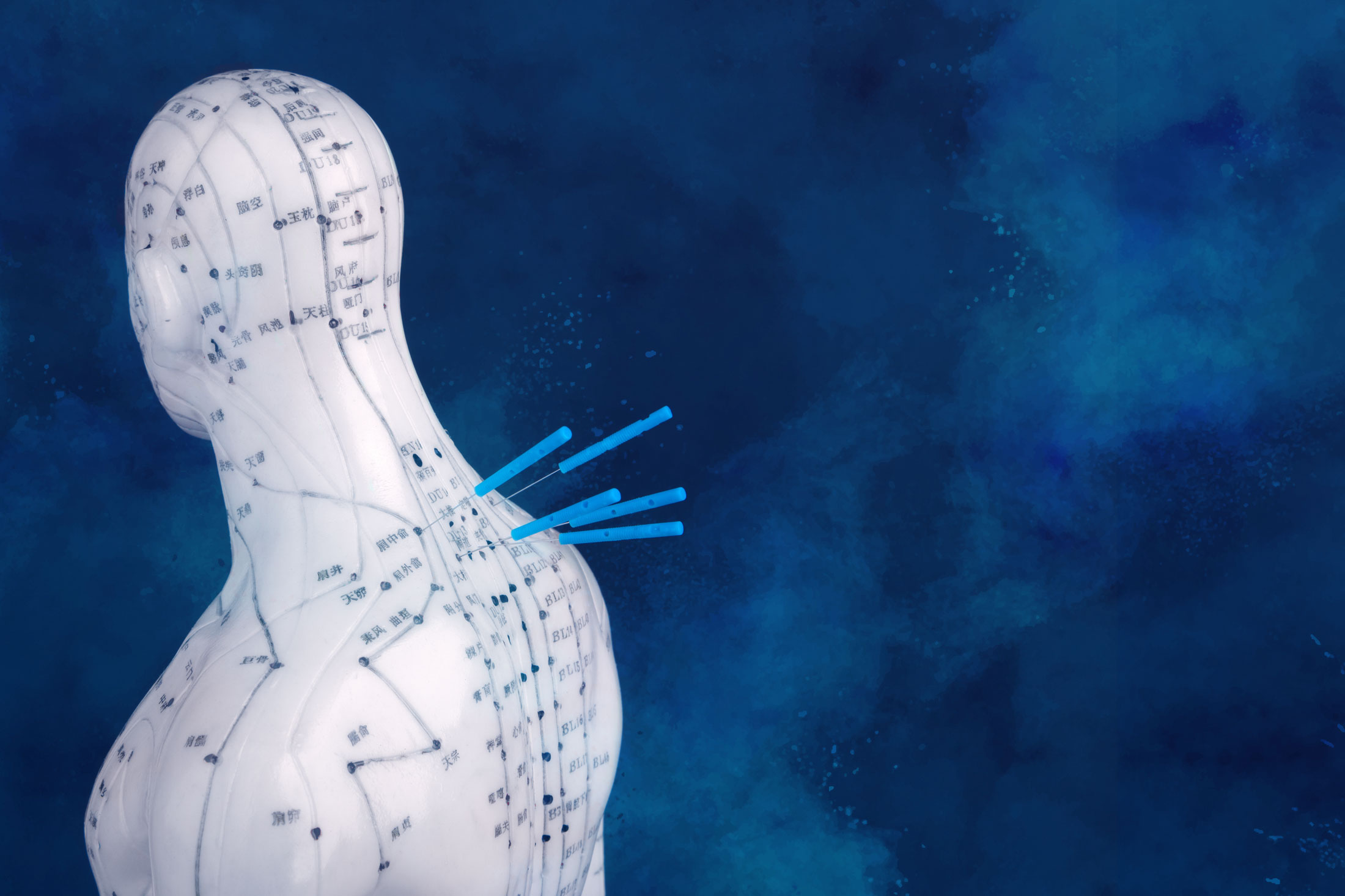 an acupuncture doll with needles in its back on a watercolor background