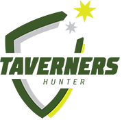 Logo with a stylized green and yellow hunter's hat and grey curved text elements.