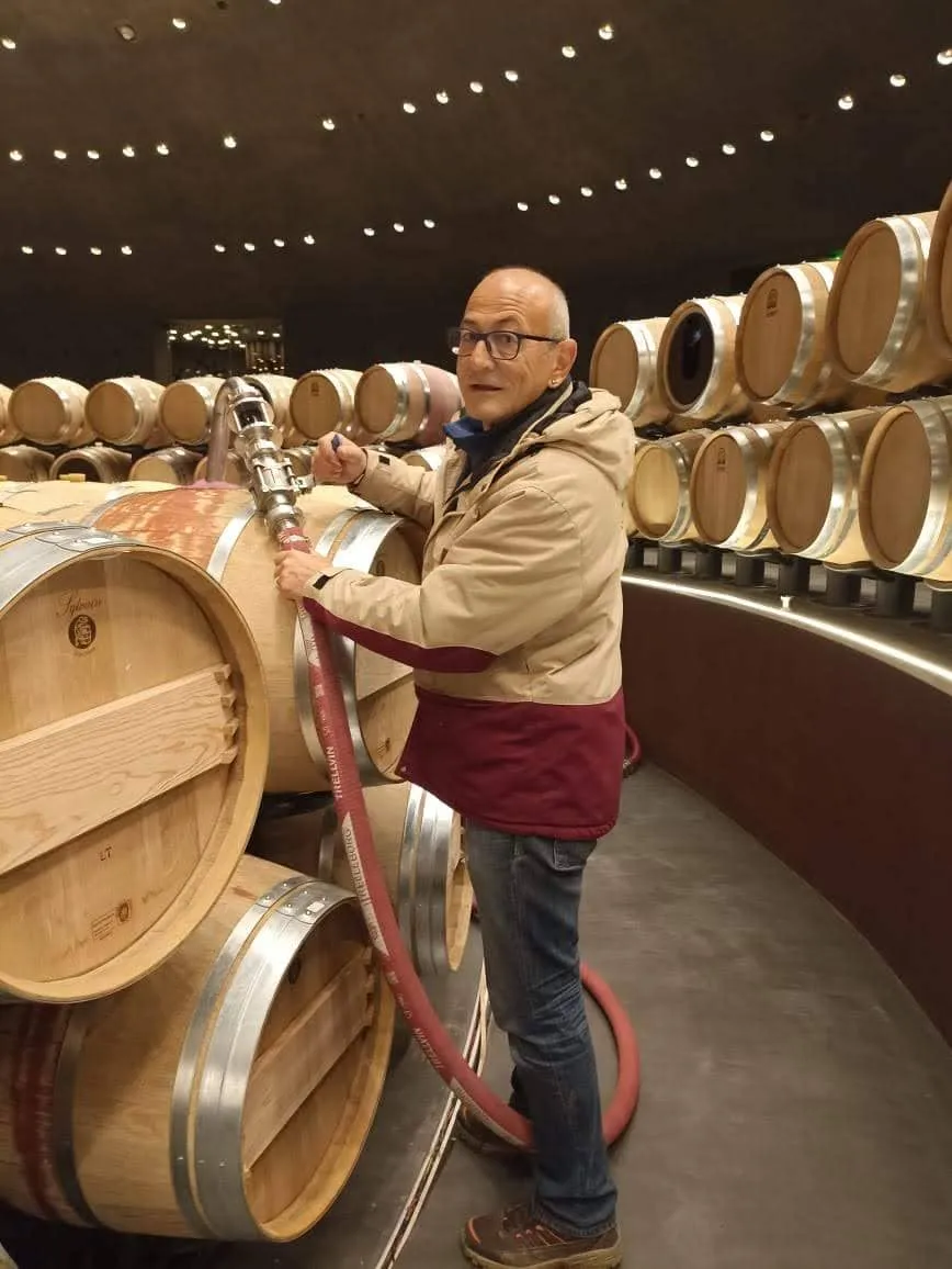 Thomas Doll filling an oak barrel in a winery cellar