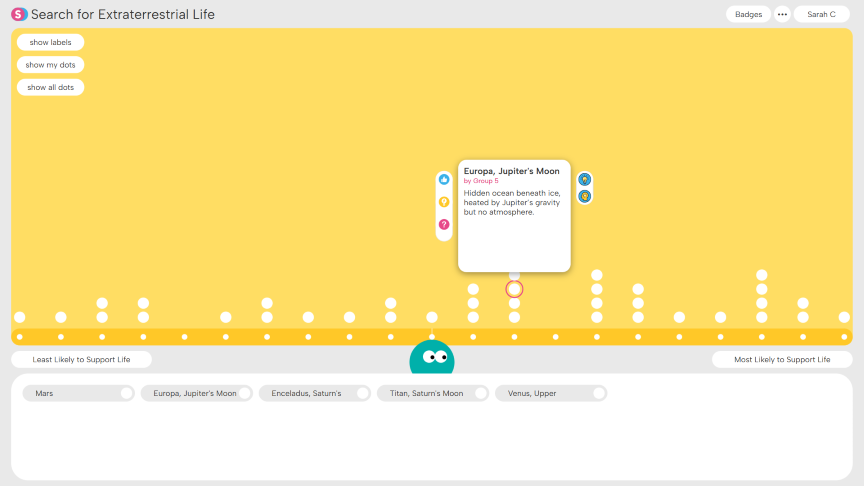 Interactive chart titled 'Search for Extraterrestrial Life' with a horizontal spectrum of dots representing likelihood to support life, highlighting Europa, Jupiter's Moon with details about its hidden ocean beneath ice heated by Jupiter's gravity but lacking atmosphere.