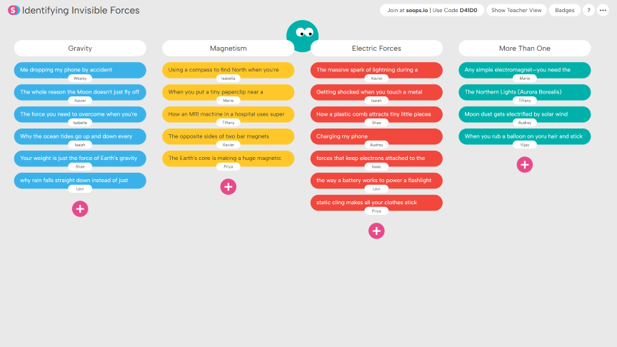 A digital board titled 'Identifying Invisible Forces' categorizes user examples under Gravity, Magnetism, Electric Forces, and More Than One with color-coded speech bubbles.