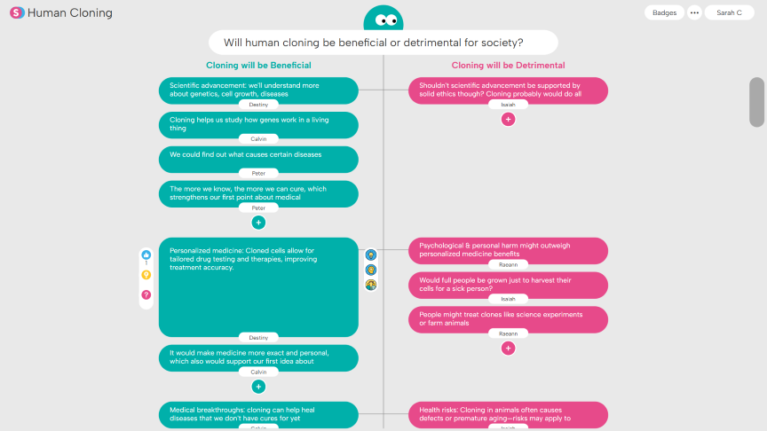 Debate chart comparing benefits and detriments of human cloning with points listed under two columns titled 'Cloning will be Beneficial' in teal and 'Cloning will be Detrimental' in pink.