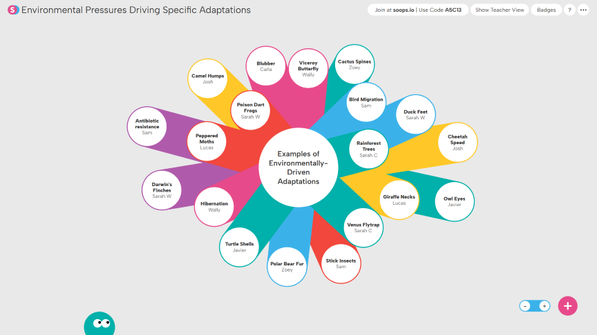 Diagram showing examples of environmentally-driven adaptations arranged in colored petal shapes around a central circle labeled 'Examples of Environmentally-Driven Adaptations.' Each petal names an adaptation like Camel Humps, Blubber, Cactus Spines, Bird Migration, Duck Feet, Cheetah Speed, Giraffe Necks, Owl Eyes, Venus Flytrap, Stick Insects, Polar Bear Fur, Turtle Shells, Hibernation, Darwin's Finches, Peppered Moths, Antibiotic Resistance, and Poison Dart Frogs, with contributor names beneath each.