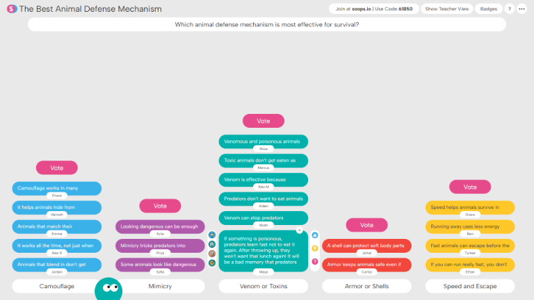 A Soops.io interactive poll titled 'The Best Animal Defense Mechanism' showing multiple voting options and user responses about effectiveness of camouflage, mimicry, venom or toxins, armor or shells, and speed and escape.
