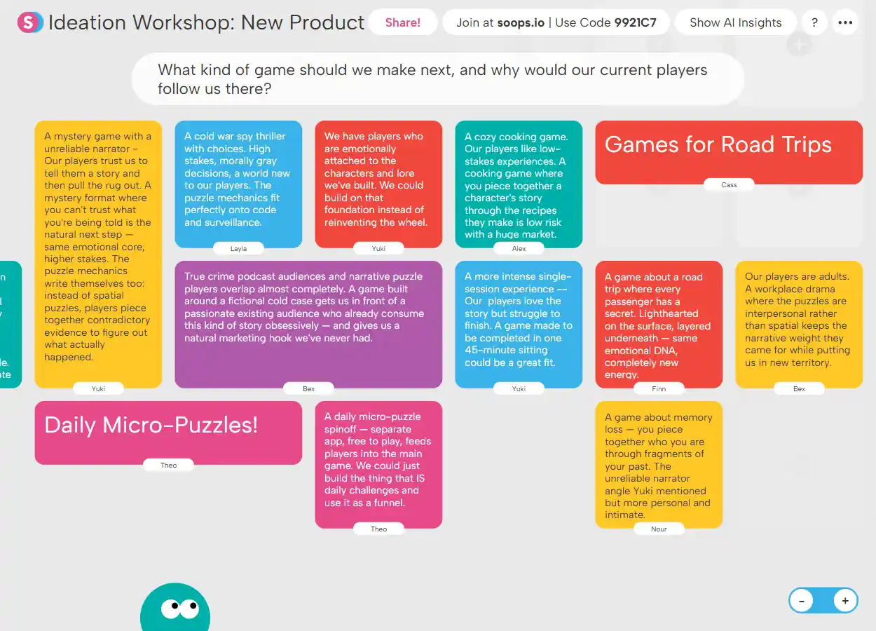 Digital ideation workshop board titled 'New Product' showing sticky notes with game concept ideas including mystery game with unreliable narrator, cold war spy thriller, emotional player characters, cozy cooking game, games for road trips, true crime podcast narrative, daily micro-puzzles, and memory loss story.