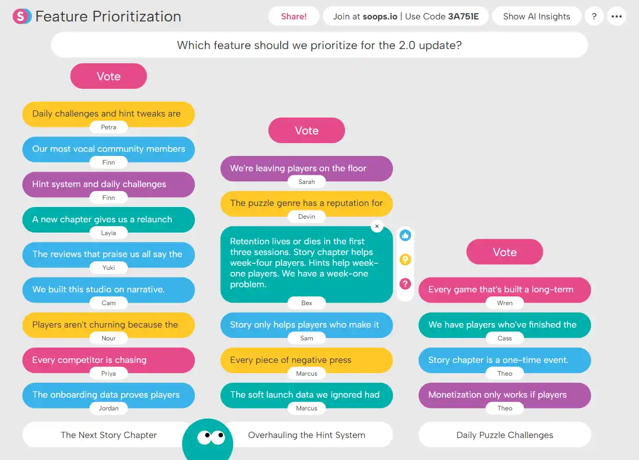 An online feature prioritization poll with three options: The Next Story Chapter, Overhauling the Hint System, and Daily Puzzle Challenges, each with colorful votes and comments from users.