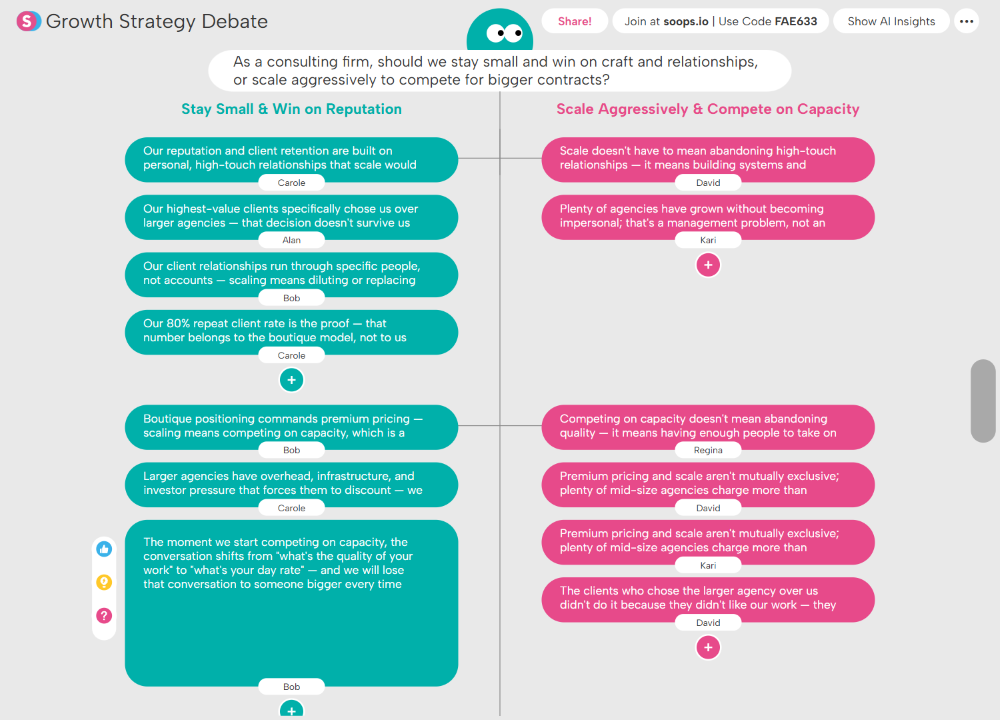 Comparison chart of Growth Strategy Debate between 'Stay Small & Win on Reputation' with seven teal points and 'Scale Aggressively & Compete on Capacity' with six pink points, each attributed to different people discussing consulting firm strategies.