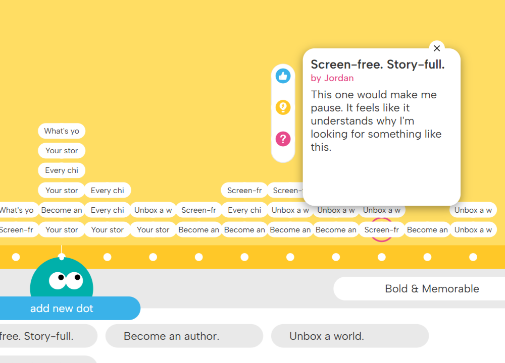 Interface of a digital timeline with speech bubble highlighting a comment saying, 'Screen-free. Story-full. This one would make me pause. It feels like it understands why I'm looking for something like this.'