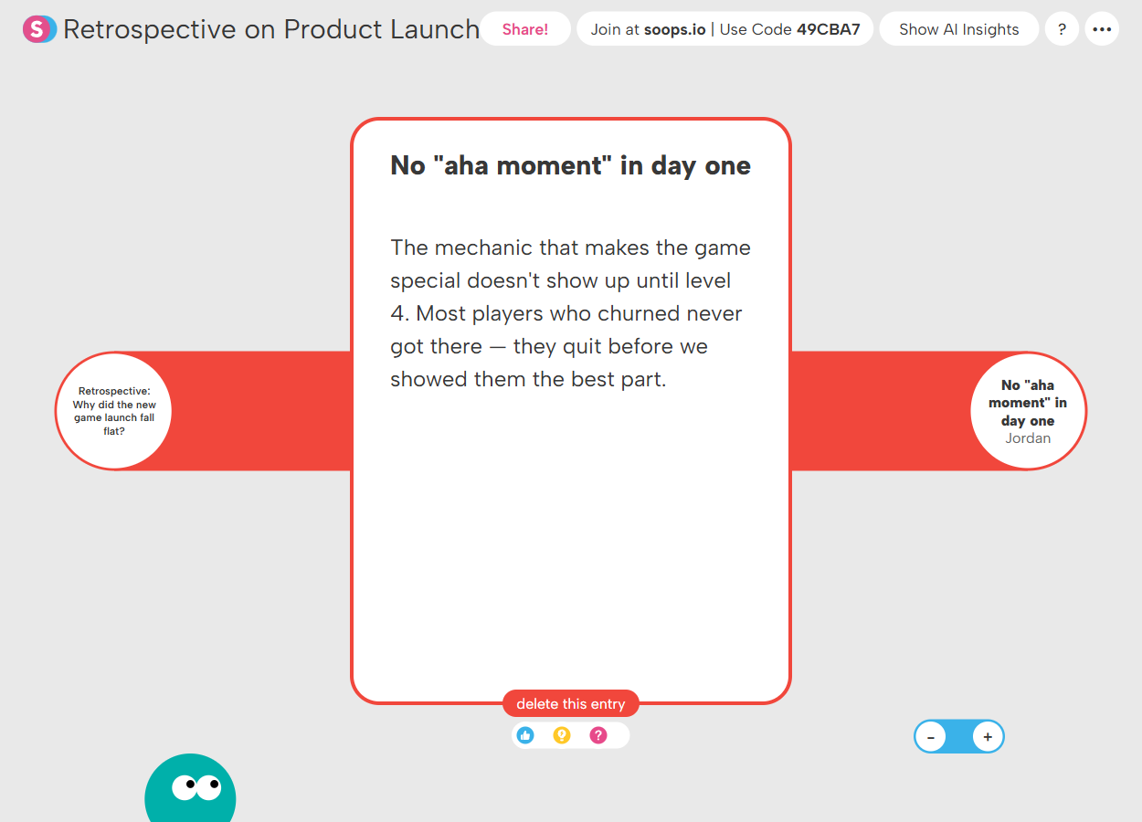 Retrospective note titled 'No "aha moment" in day one' explaining the game mechanic that makes the game special appears only at level 4, causing early player churn.