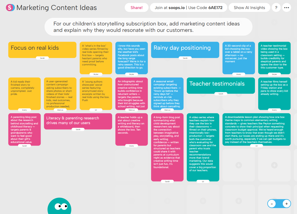 Digital noteboard titled 'Marketing Content Ideas' with categorized sticky notes including Focus on real kids, Rainy day positioning, Teacher testimonials, and Literacy & parenting research drives many of our users, containing various marketing content ideas for a children's storytelling subscription box.