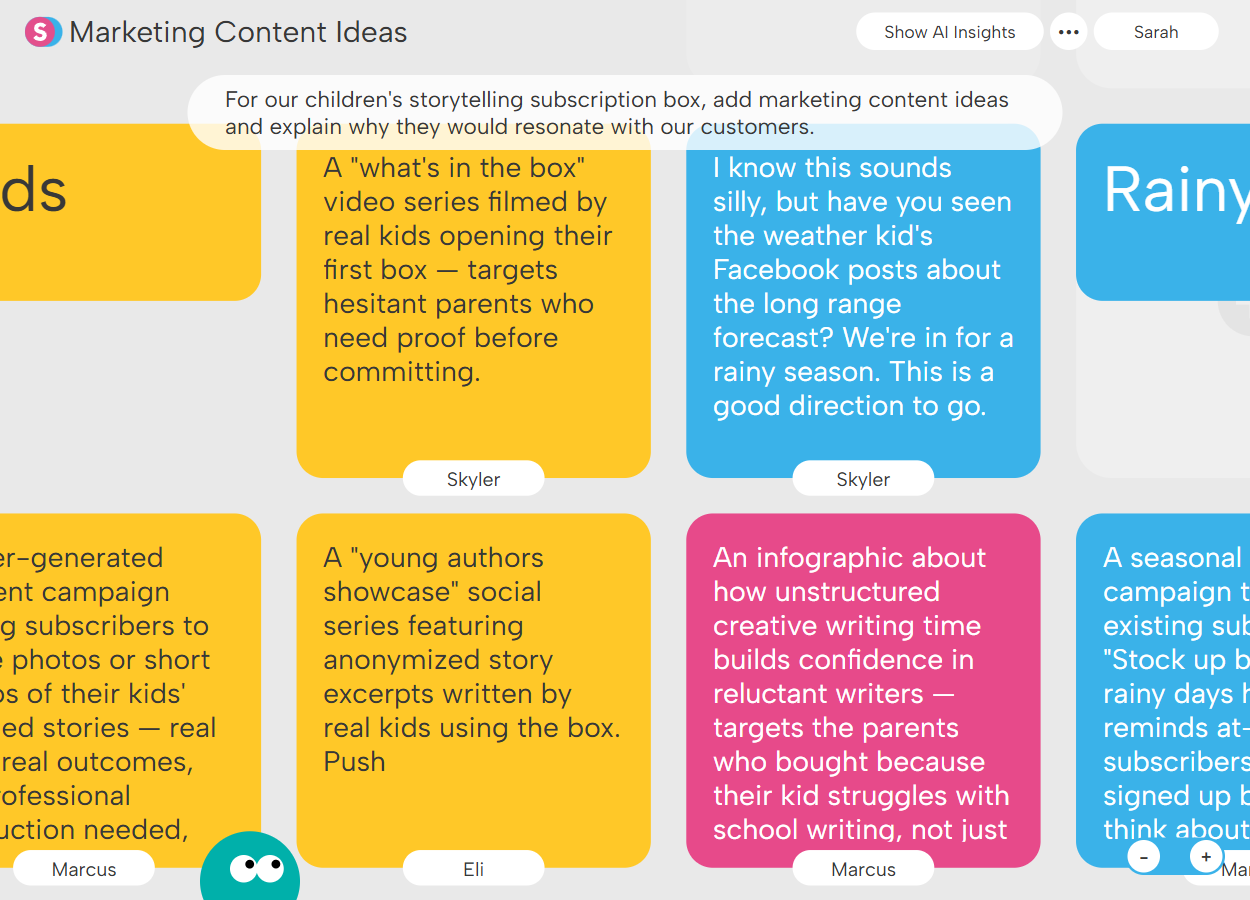 Screenshot of a digital marketing content ideas board for a children's storytelling subscription box, showing colored notes with various marketing strategies and explanations.