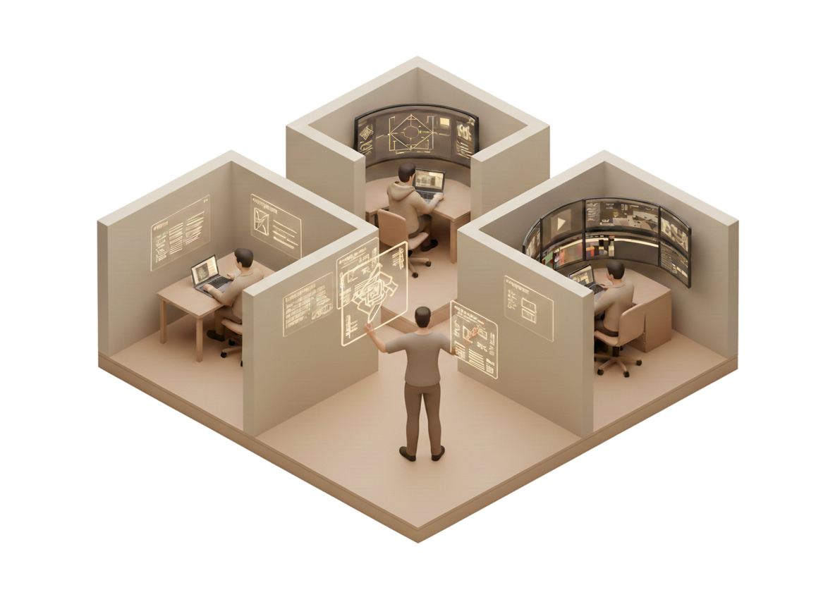 Founder facing away, overwhelmed by strategic decisions