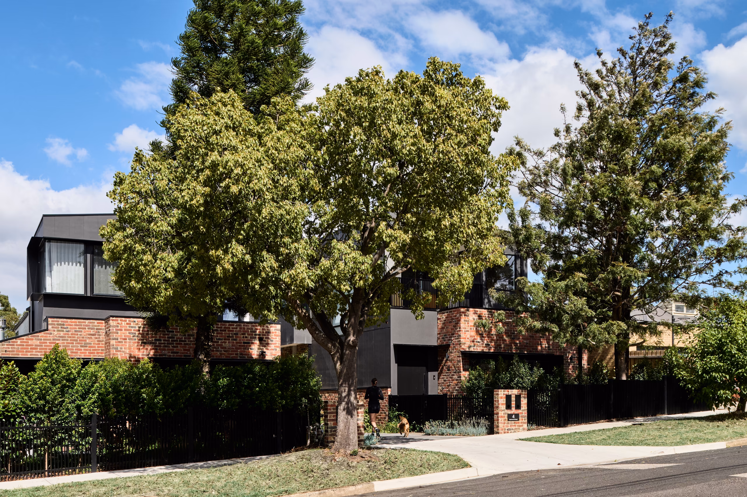 street view of two-storey townhouses in red brick and black cladding behind mature trees, opus 4, thornbury