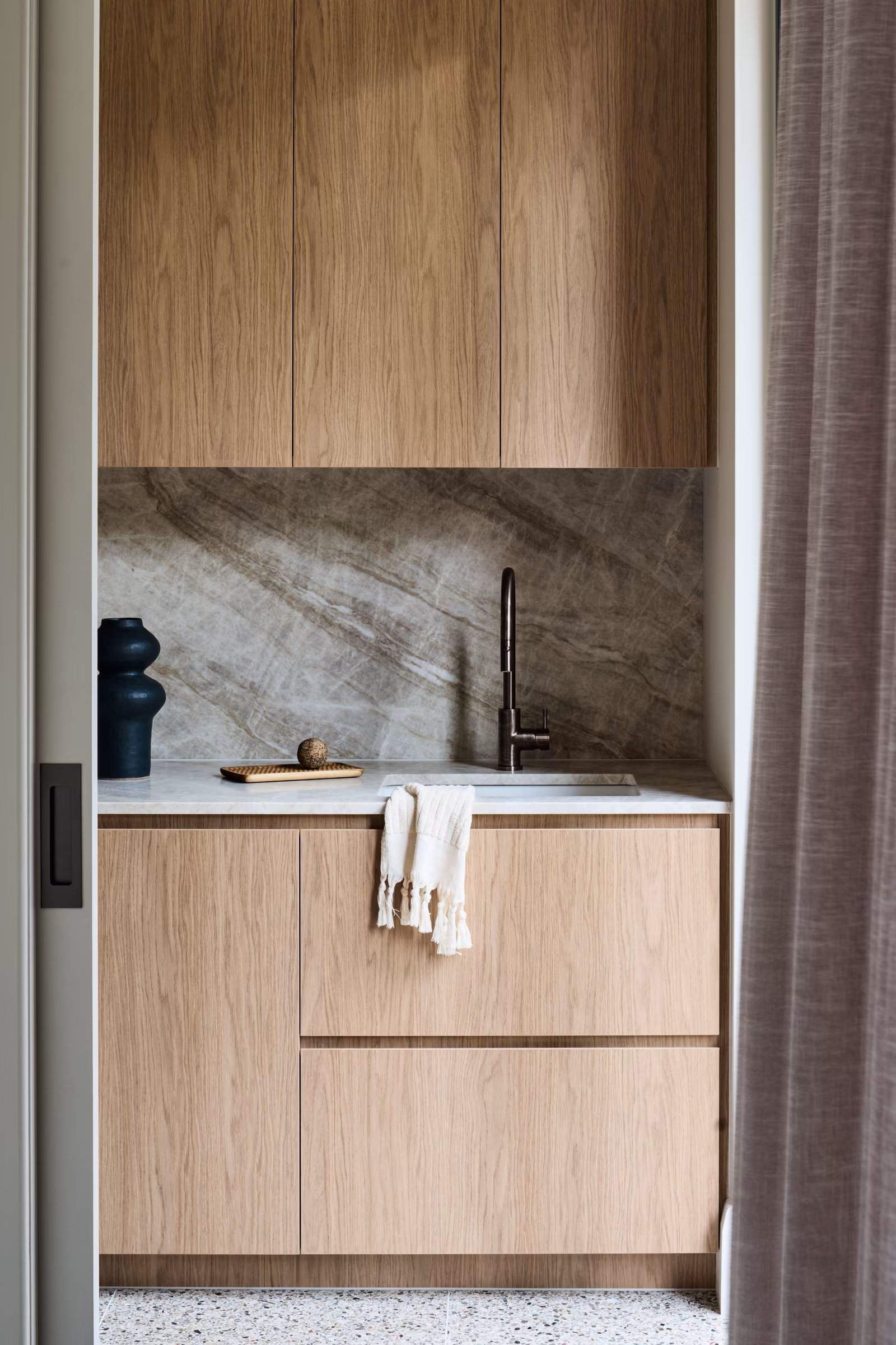 butler's pantry with timber cabinetry, veined stone splashback and terrazzo floor, opus 5, caulfield north
