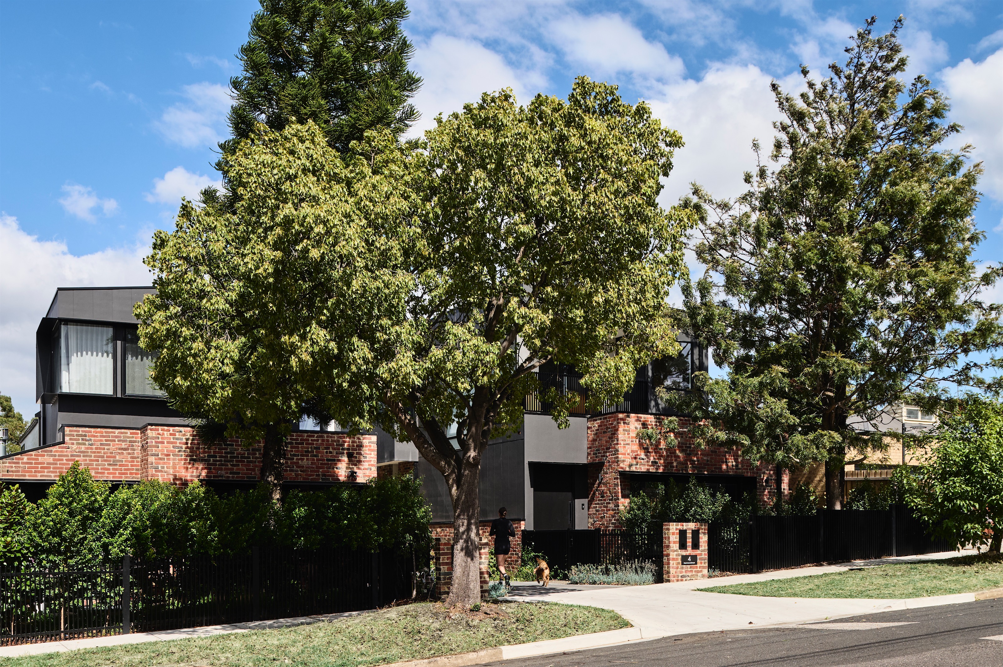 street view of two-storey townhouses in red brick and black cladding behind mature trees, opus 4, thornbury
