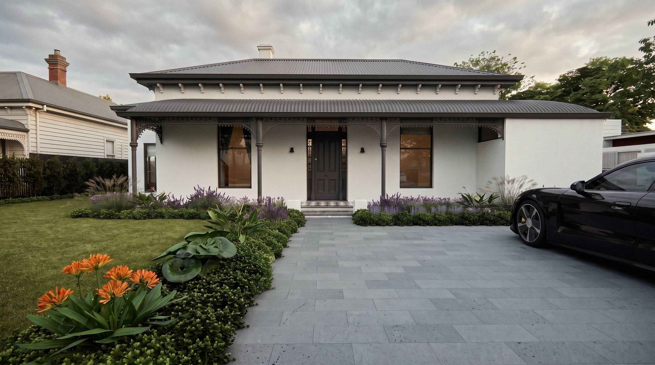 render of a white victorian villa with a hipped roof, cast-iron verandah lace and a bluestone driveway, opus 11, malvern