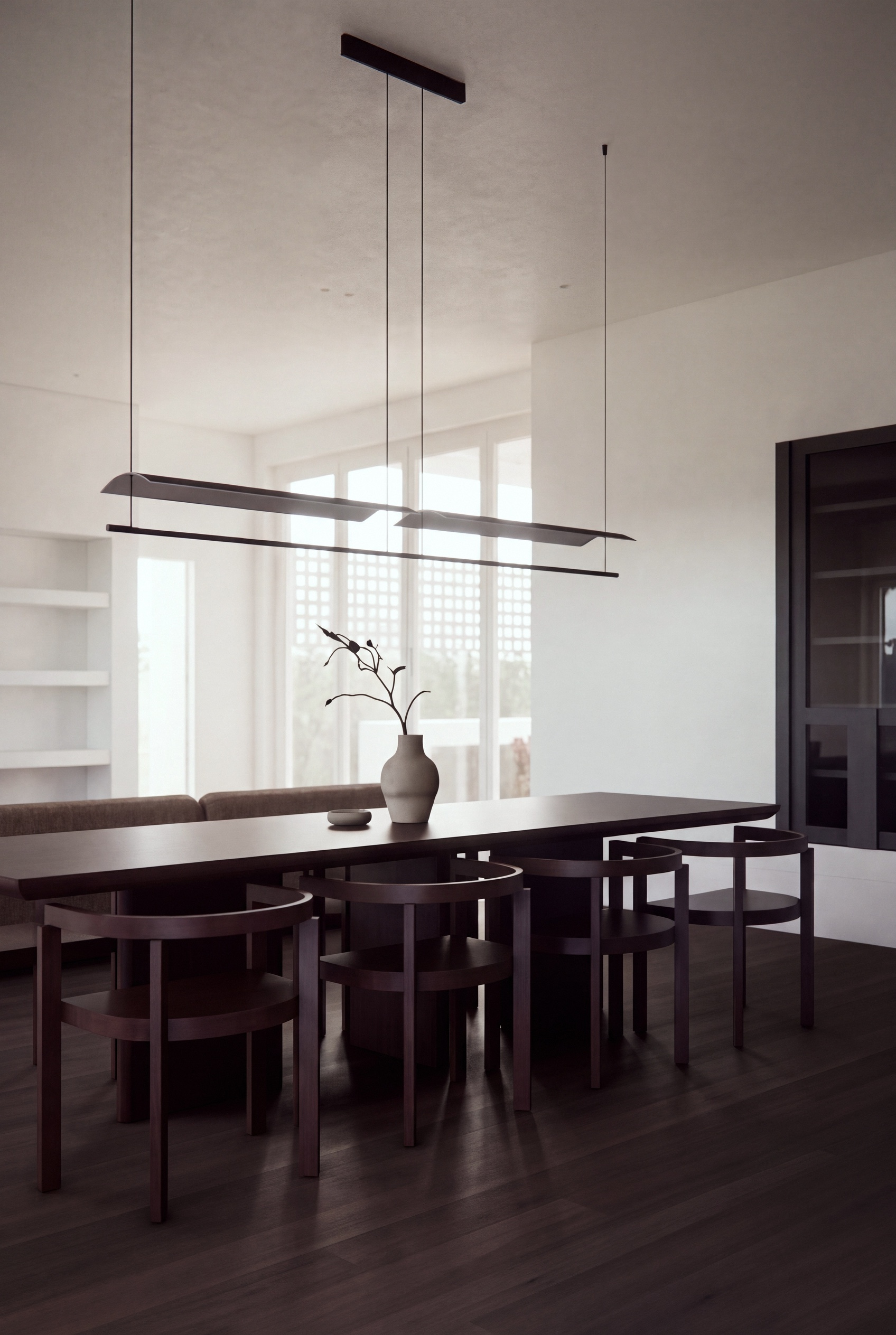 render of a dark timber dining table and chairs under a slim linear pendant, opus 11, malvern
