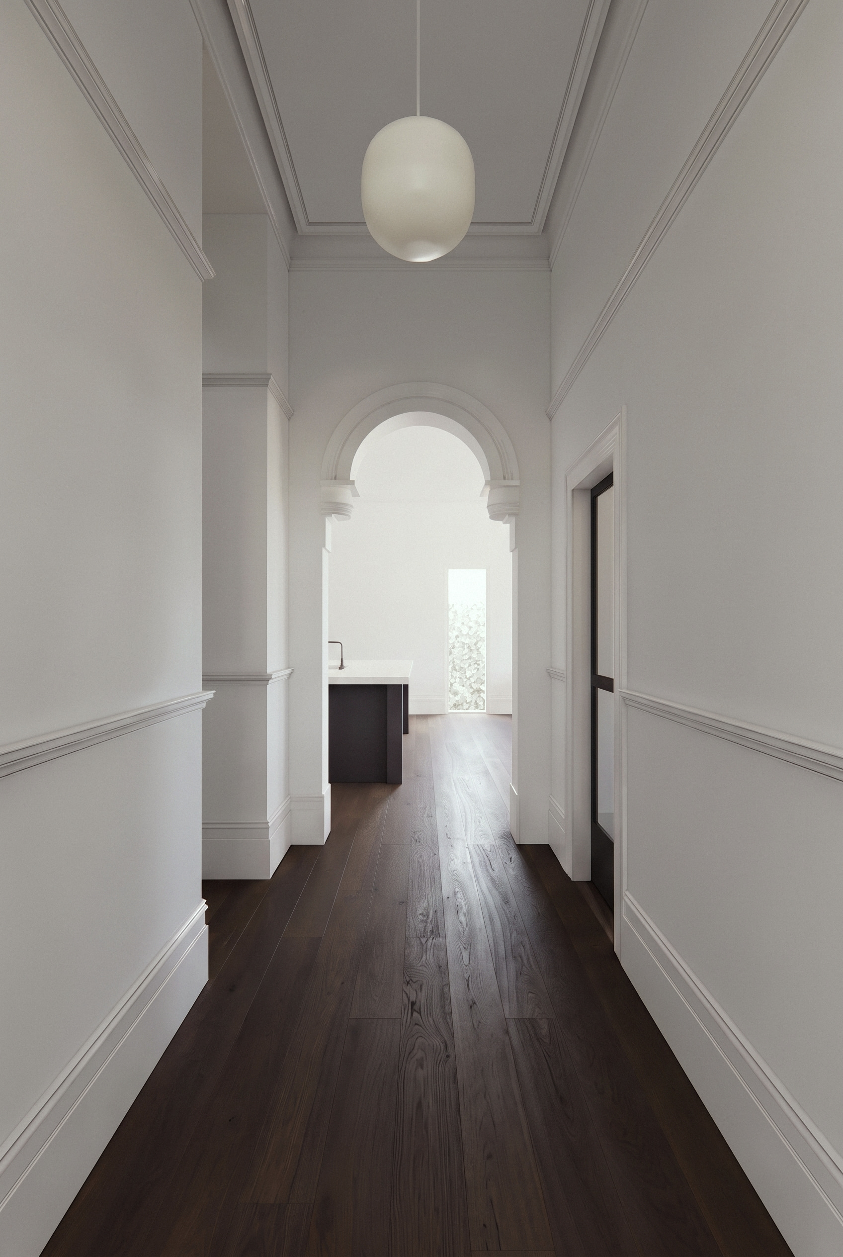 render of the hall with an opal glass pendant and a plaster arch opening to the kitchen, opus 11, malvern