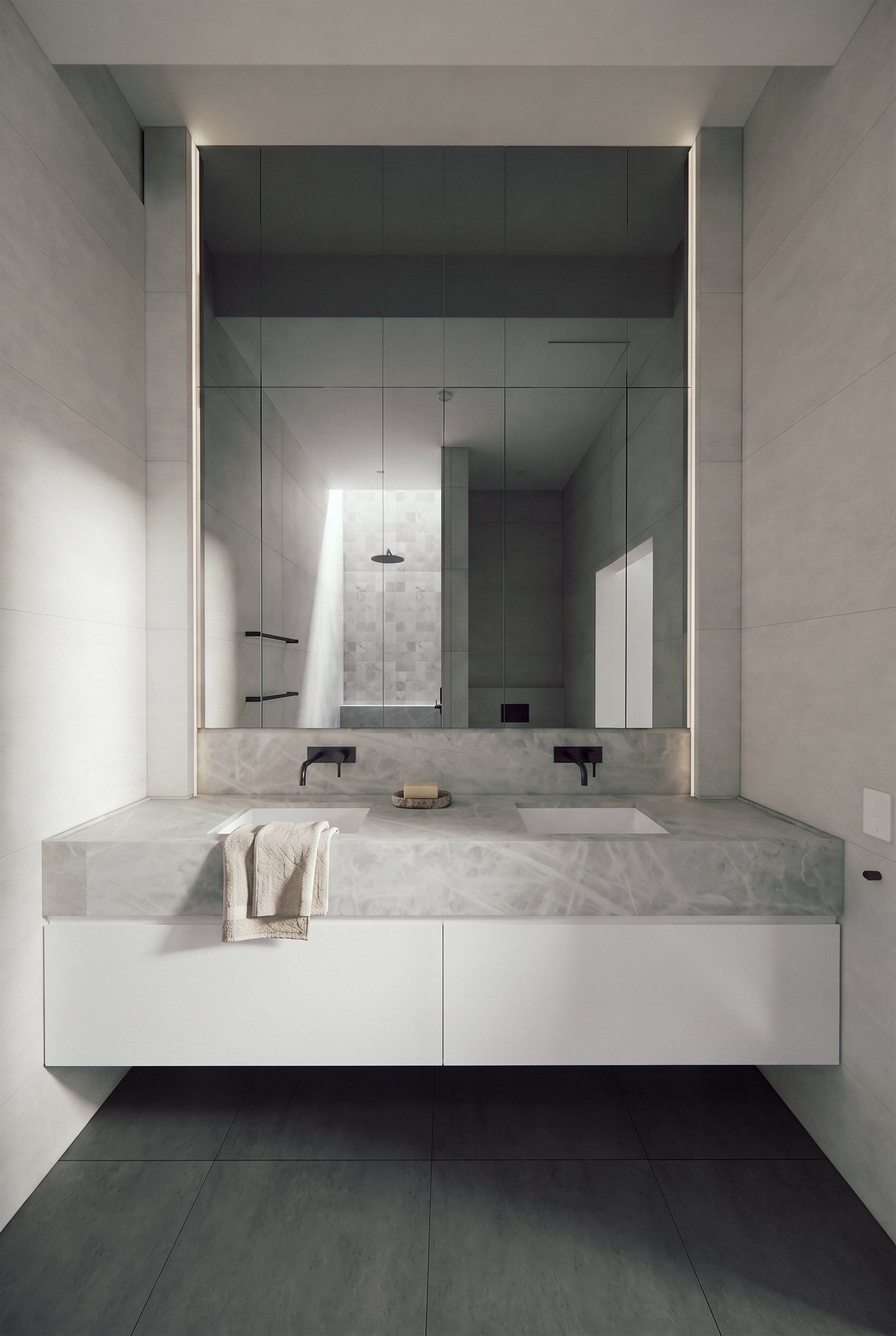 render of the bathroom vanity in grey veined dolomite with white drawers, black tapware and a backlit mirror cabinet, opus 11, malvern