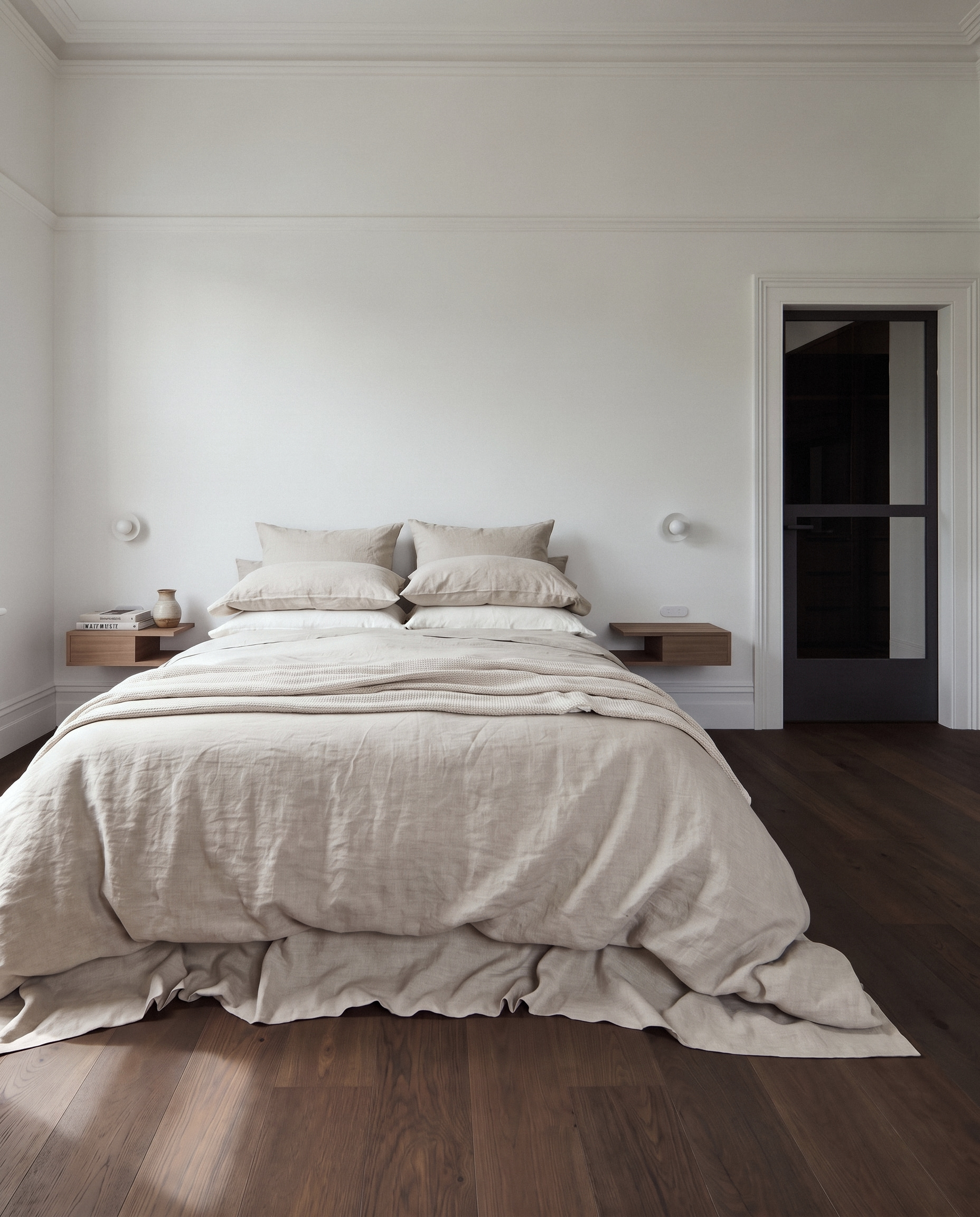 render of the main bedroom with linen bedding, floating timber bedside shelves and a charcoal steel-framed door, opus 11, malvern
