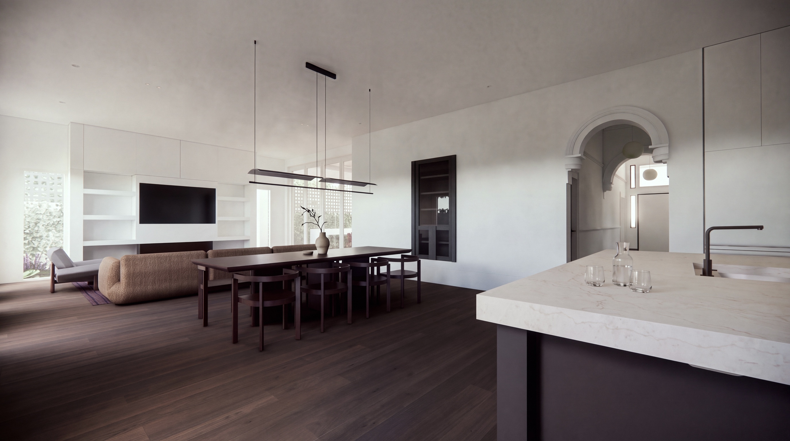 render of the living and dining room with dark oak floors, a long dark timber table under a linear pendant and a pale stone kitchen bench, opus 11, malvern