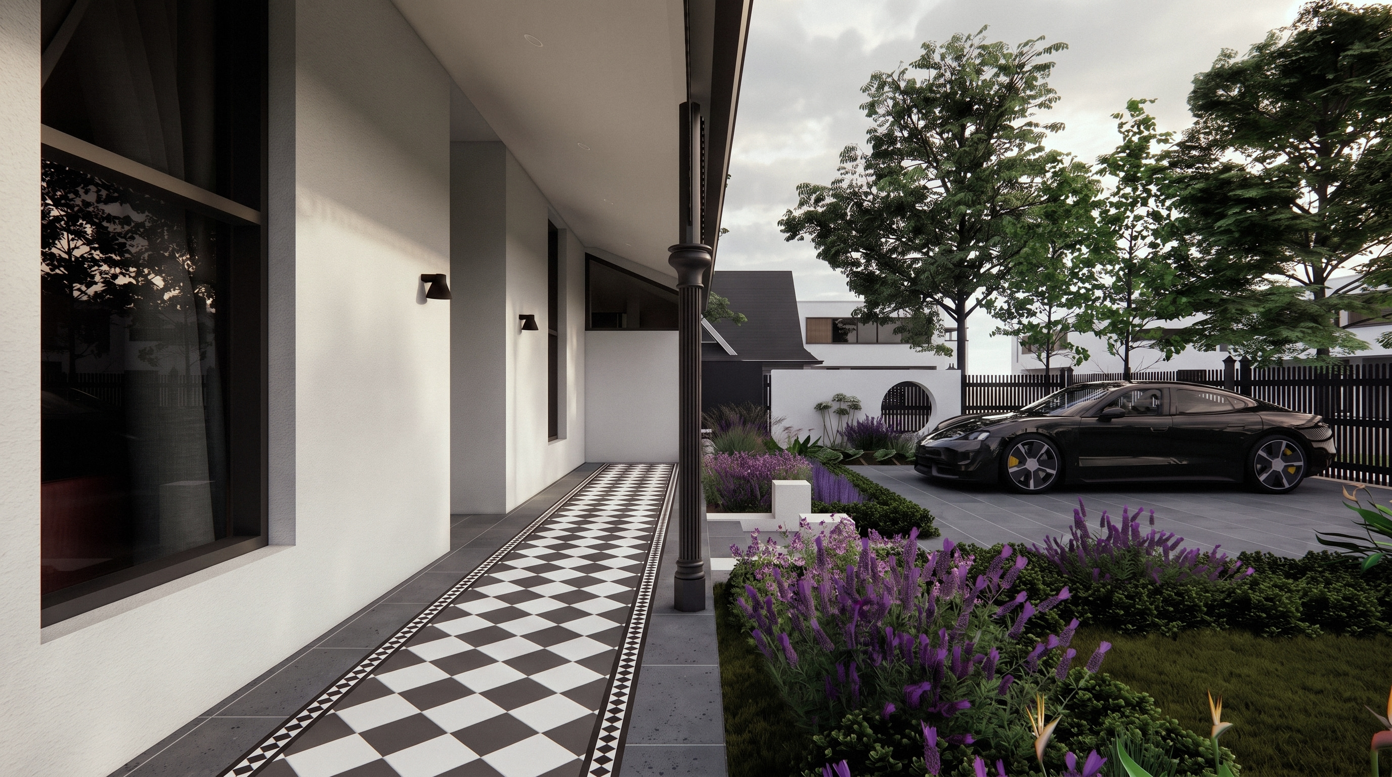 render of the verandah with black and white chequerboard tiles, a fluted cast-iron column and the front garden, opus 11, malvern