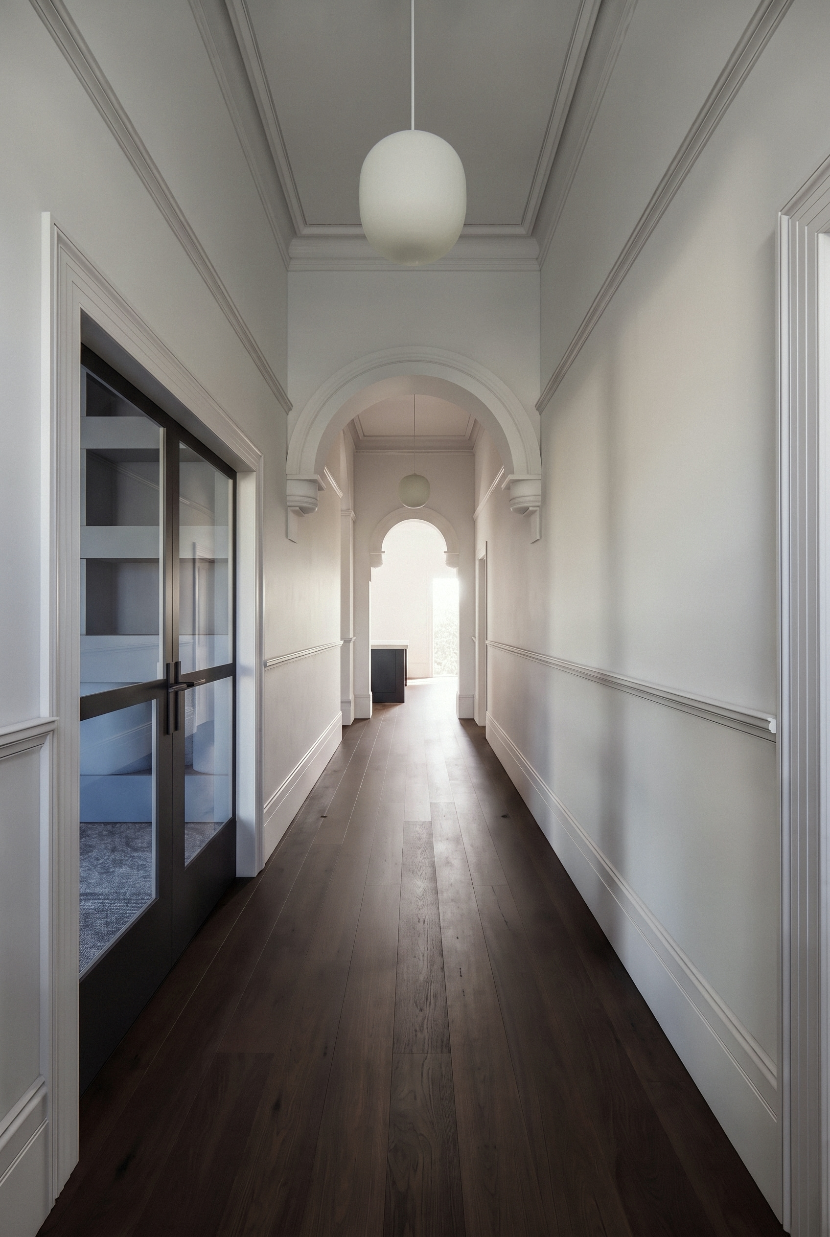 render of the entry hall with dark oak floors, double plaster arches and charcoal steel-framed glazed doors, opus 11, malvern