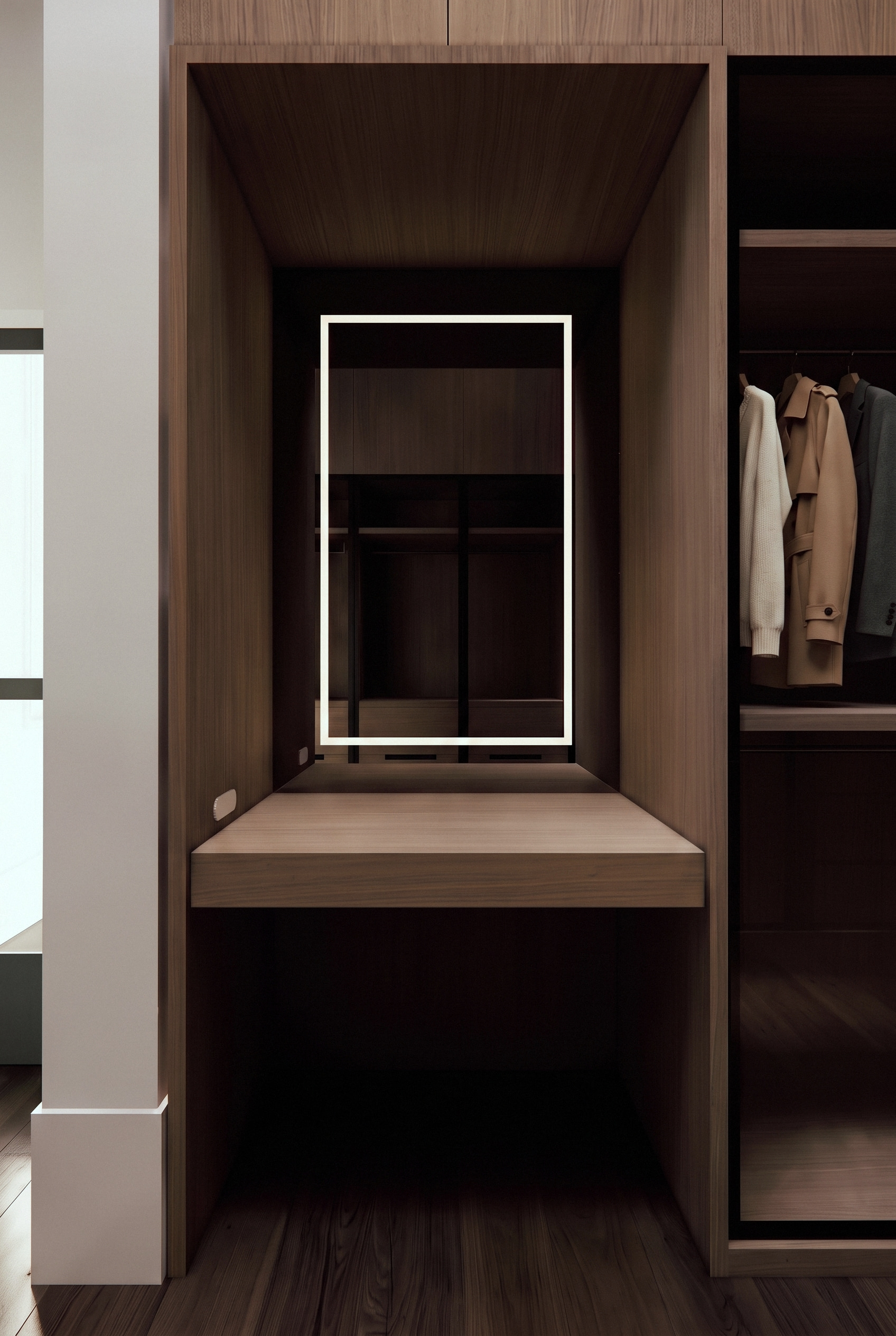 render of the dressing area with oak joinery, an illuminated mirror and smoked glass robe doors, opus 11, malvern