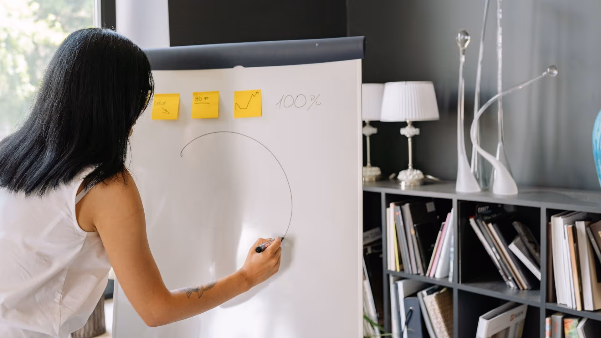 Woman drawing a semicircle on a whiteboard with notes and percentage written above in a modern office.