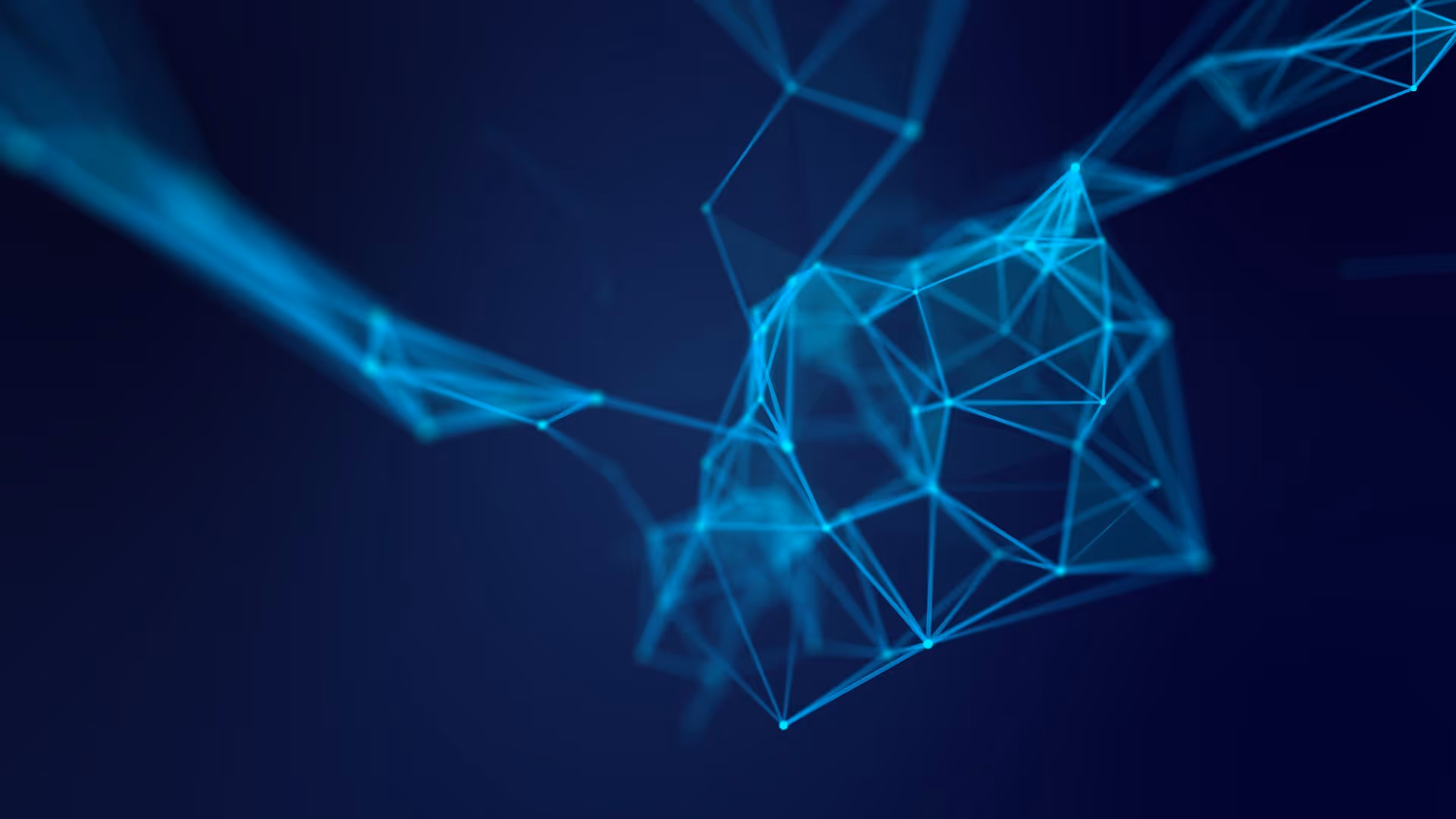 Abstract network of glowing blue connected lines and points on a dark background.