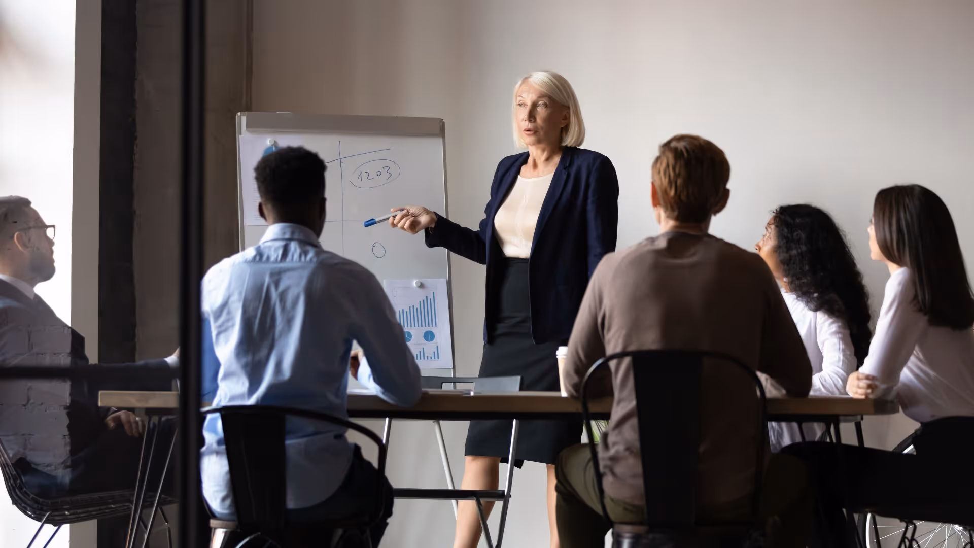 A woman in business attire giving a presentation to four diverse colleagues seated at a table in a meeting room.