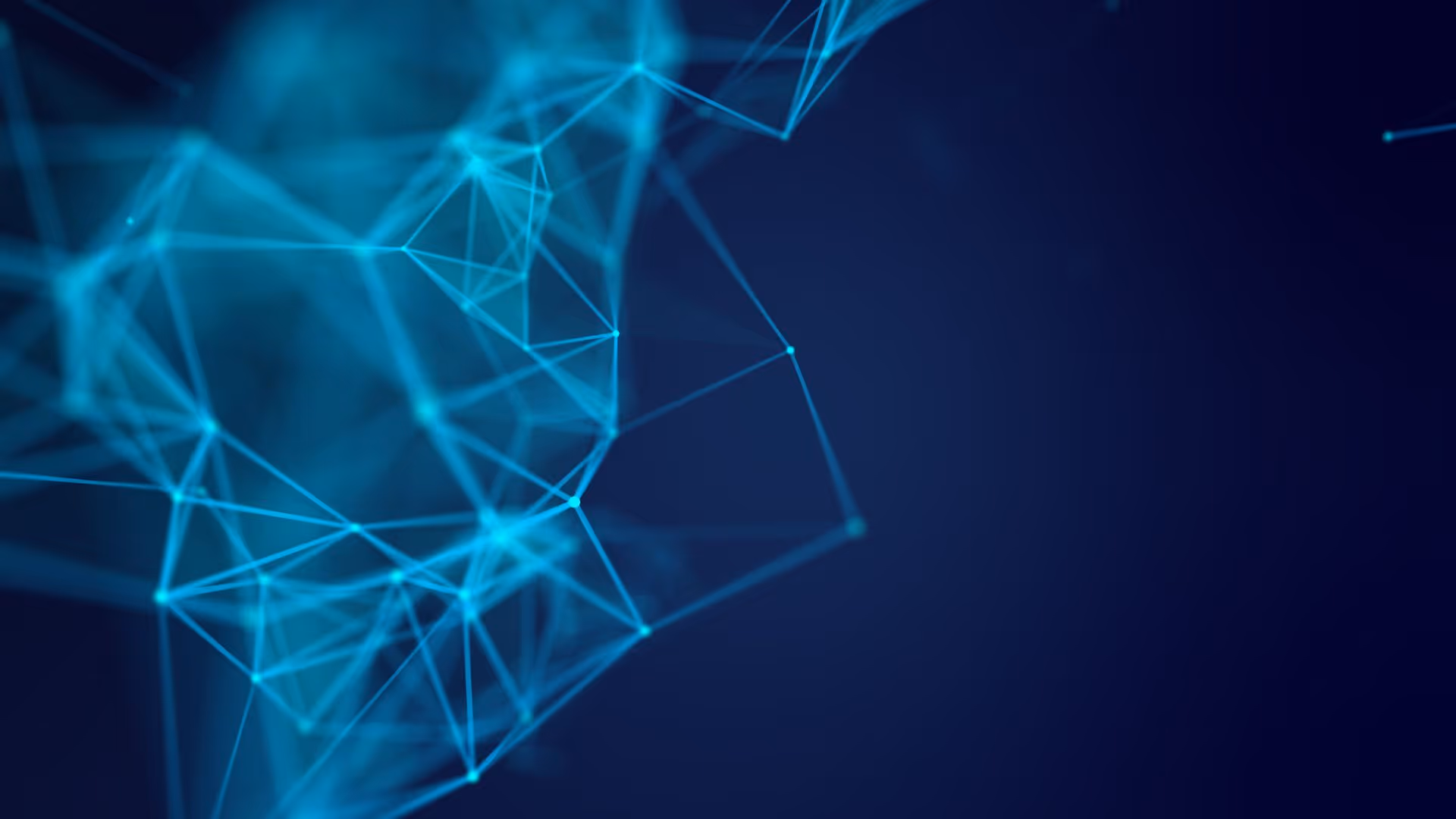 Blue glowing interconnected lines and nodes forming a futuristic digital network on dark background.