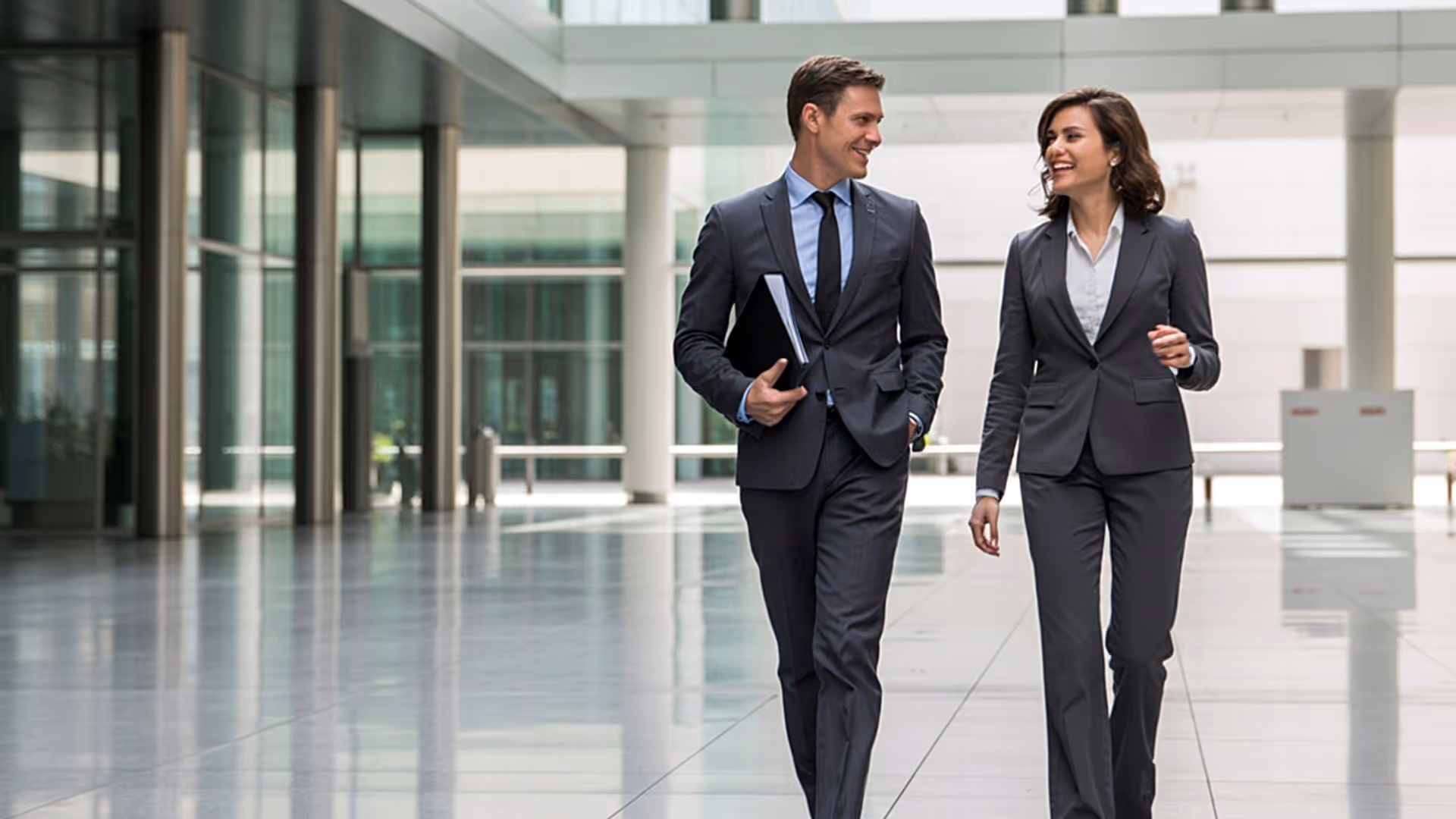 Businessman and businesswoman in suits walking and talking in a modern office lobby.