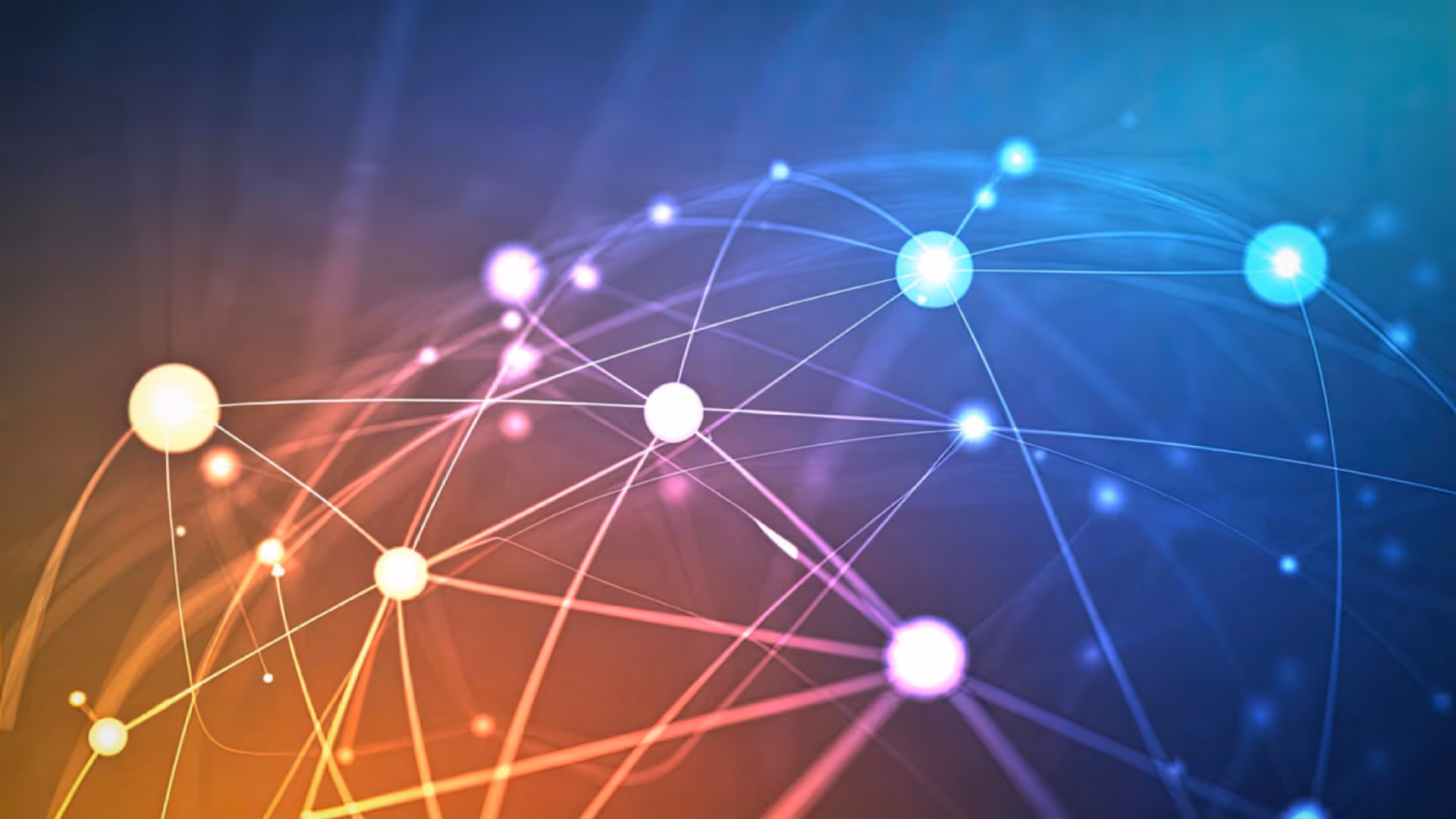Abstract digital network with interconnected glowing nodes in blue, purple, and orange hues on a dark gradient background.