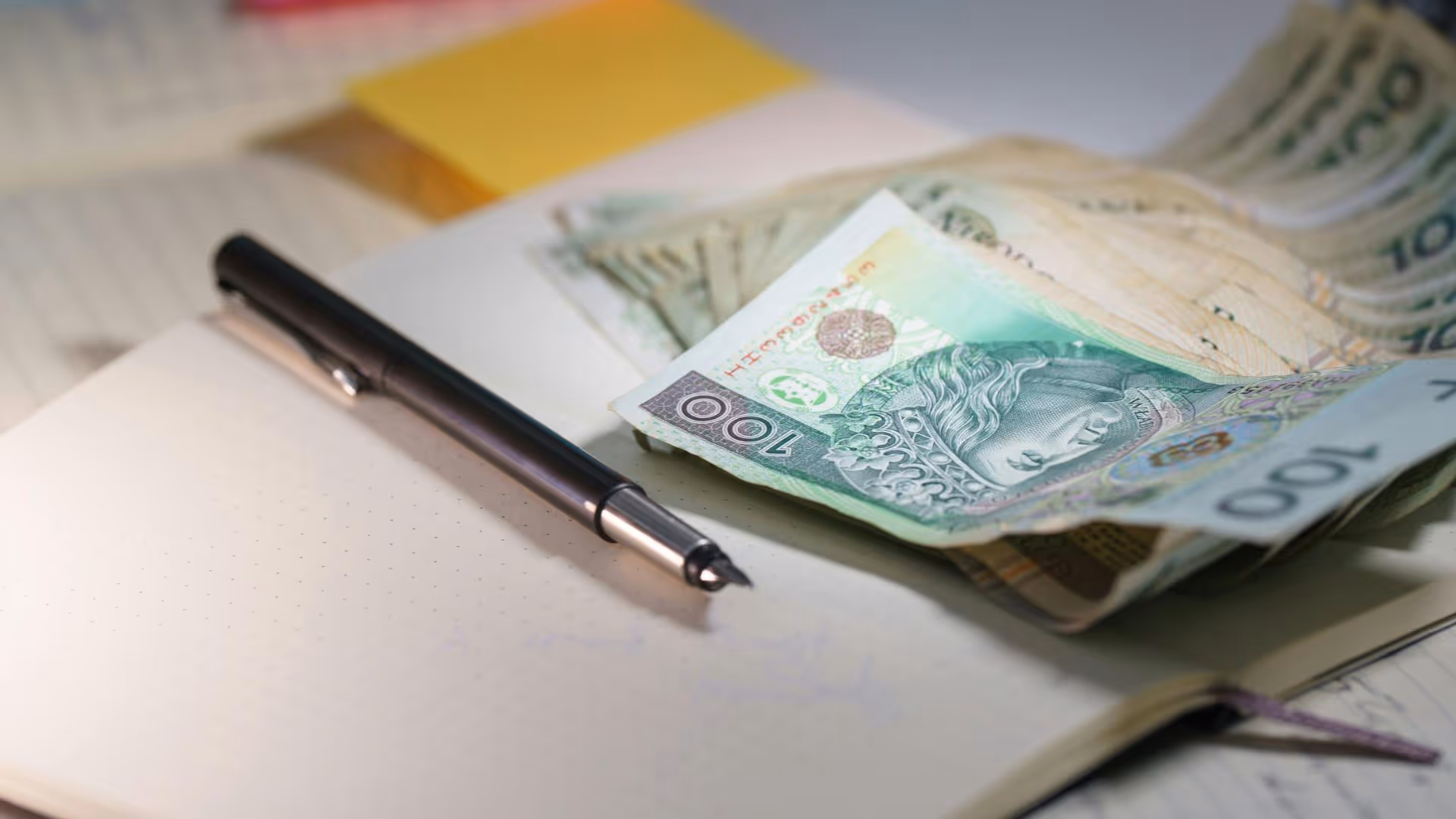 Black pen and Polish banknotes on an open dotted notebook.