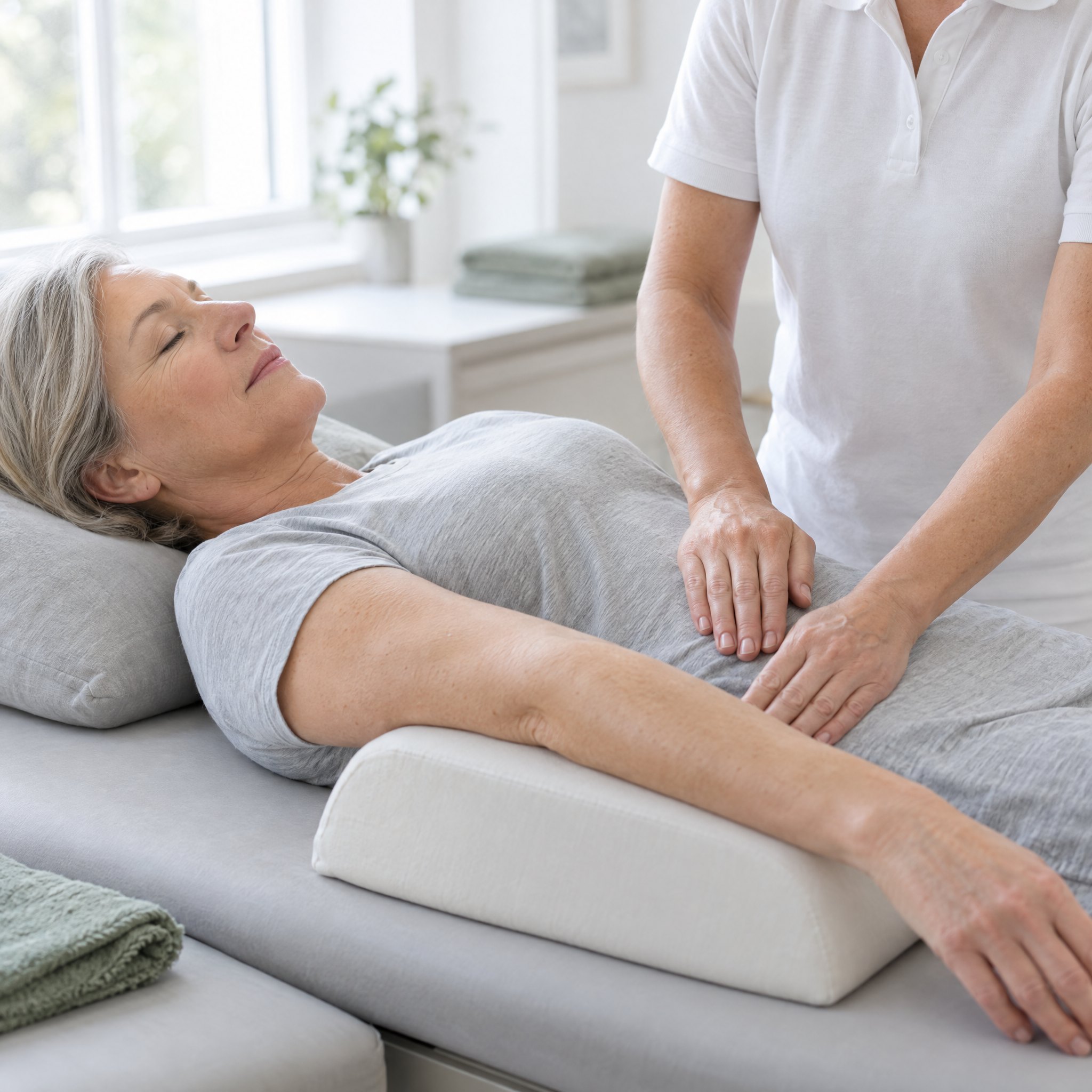 Manuelle Lymphdrainage: Der Arm der Patientin liegt erhöht auf einem Kissen, die Therapeutin arbeitet mit flachen Händen