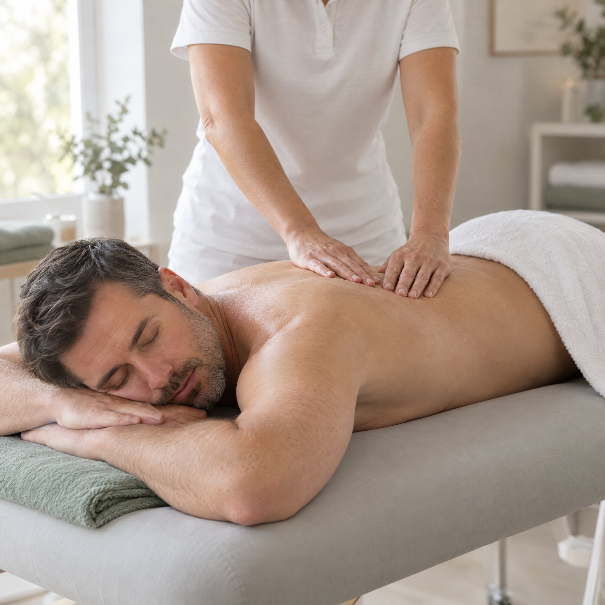 Klassische Massage: Patient liegt auf dem Bauch, die Therapeutin massiert den unteren Rücken