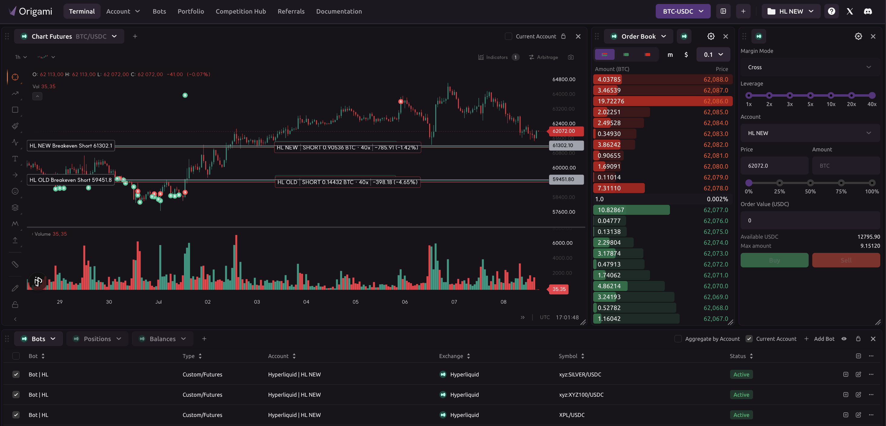 Cryptocurrency trading terminal showing BTC/USDC chart, order book, leverage options, and active bots list.