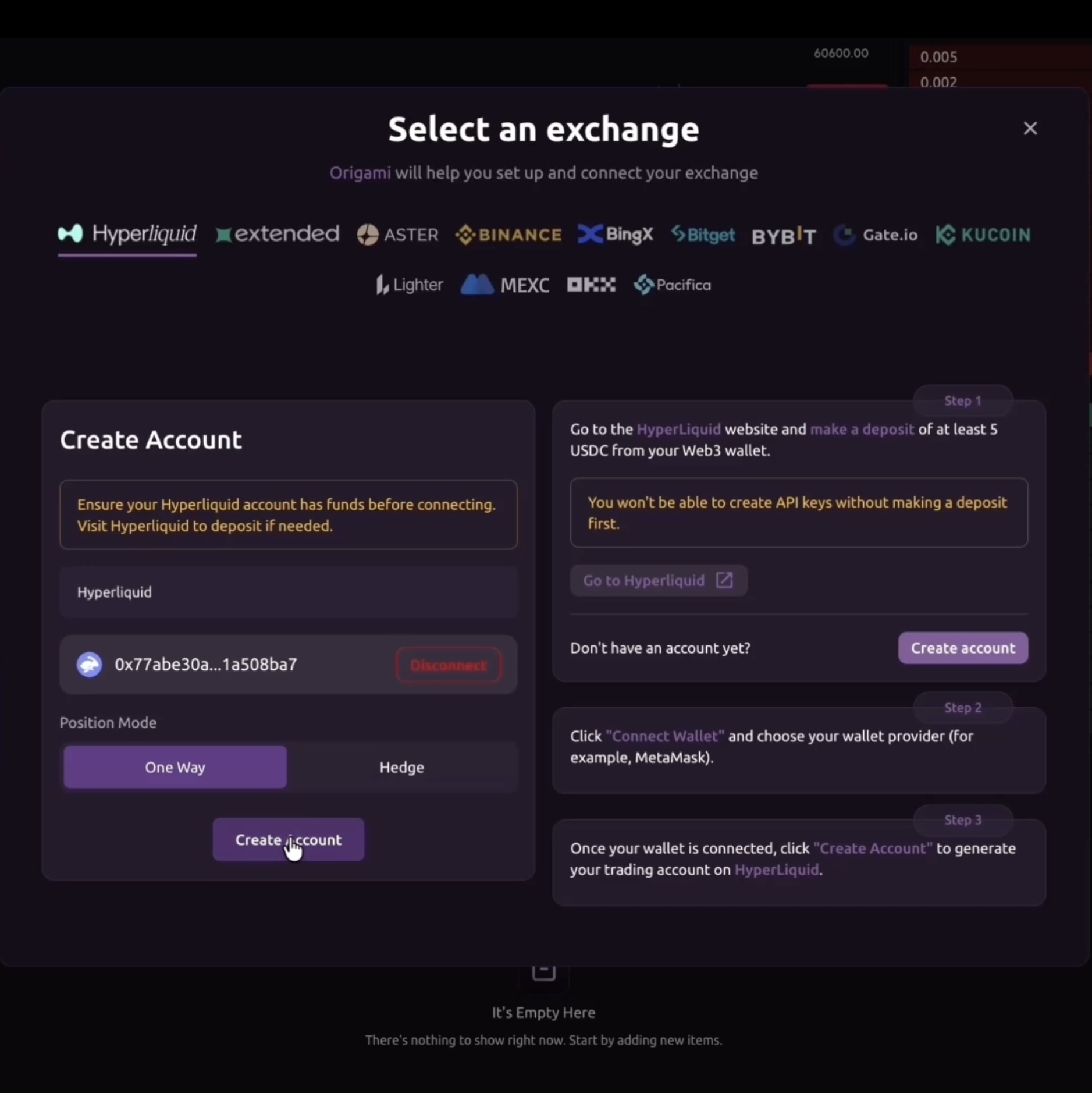 Cryptocurrency trading terminal showing BTC/USDC chart, order book, leverage options, and active bots list.