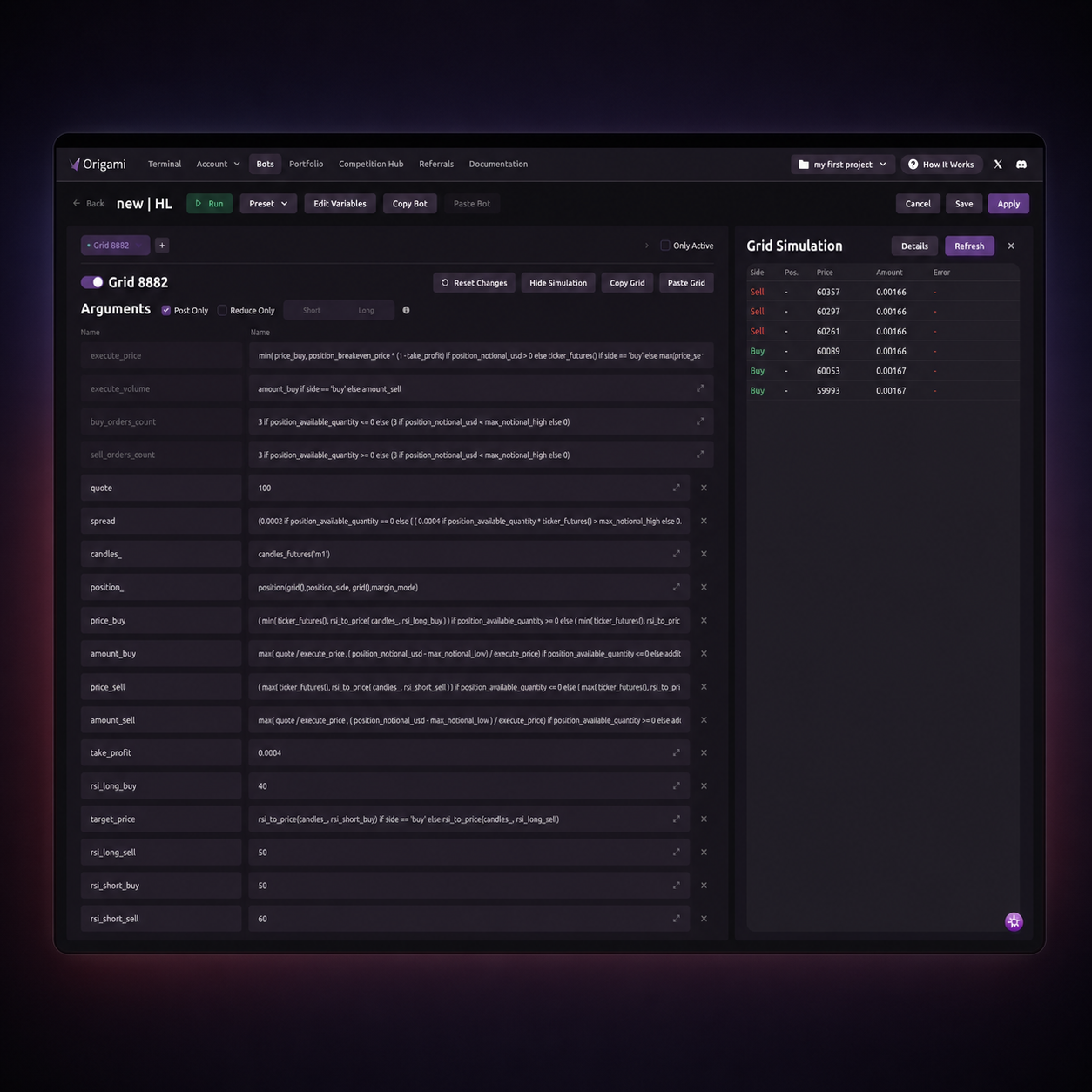 Cryptocurrency trading terminal showing BTC/USDC chart, order book, leverage options, and active bots list.