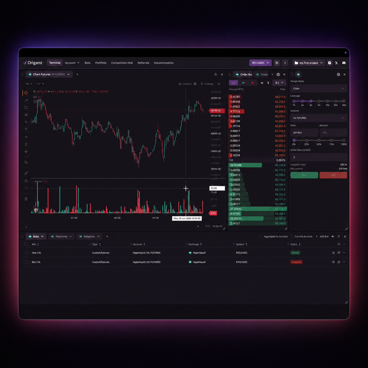 Cryptocurrency trading terminal showing BTC/USDC chart, order book, leverage options, and active bots list.
