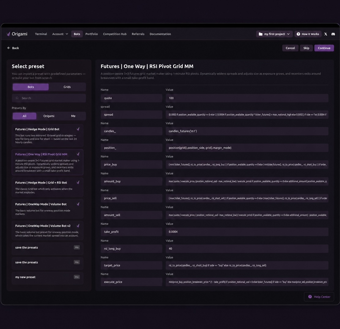 Cryptocurrency trading terminal showing BTC/USDC chart, order book, leverage options, and active bots list.