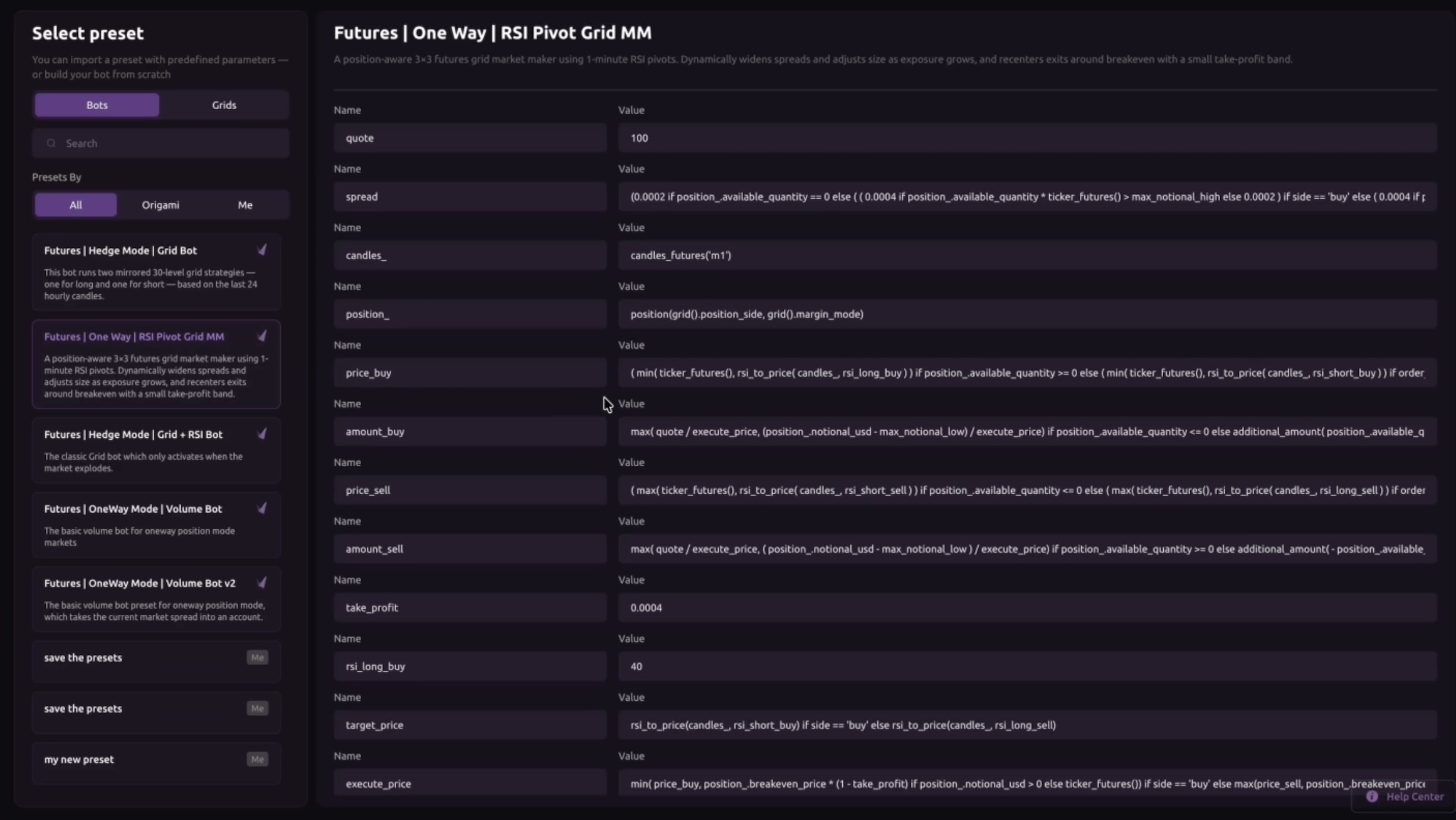 Cryptocurrency trading terminal showing BTC/USDC chart, order book, leverage options, and active bots list.